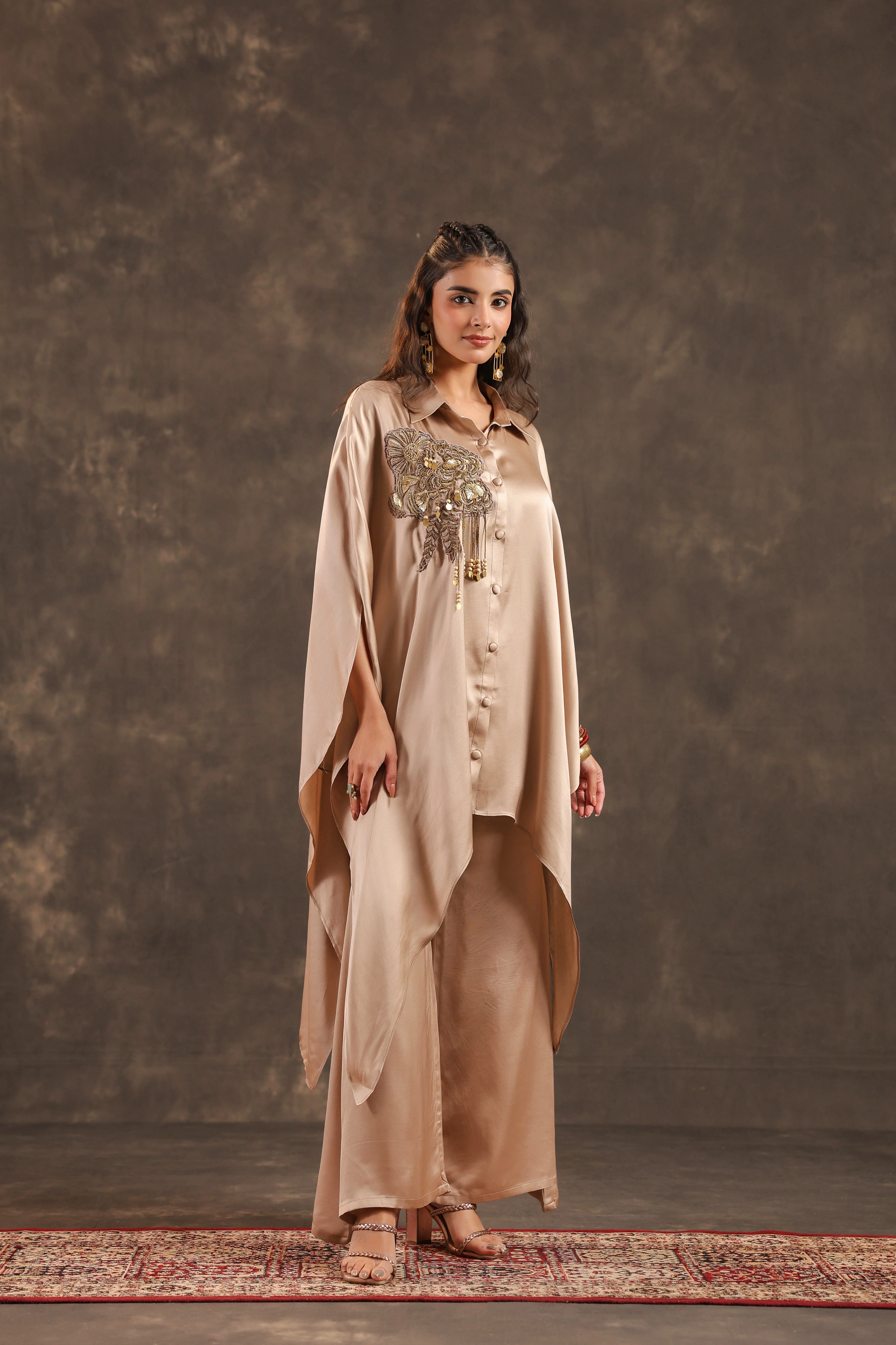 Metallic Beige Embellished Modal Satin Silk Co-Ord Set - Image 3