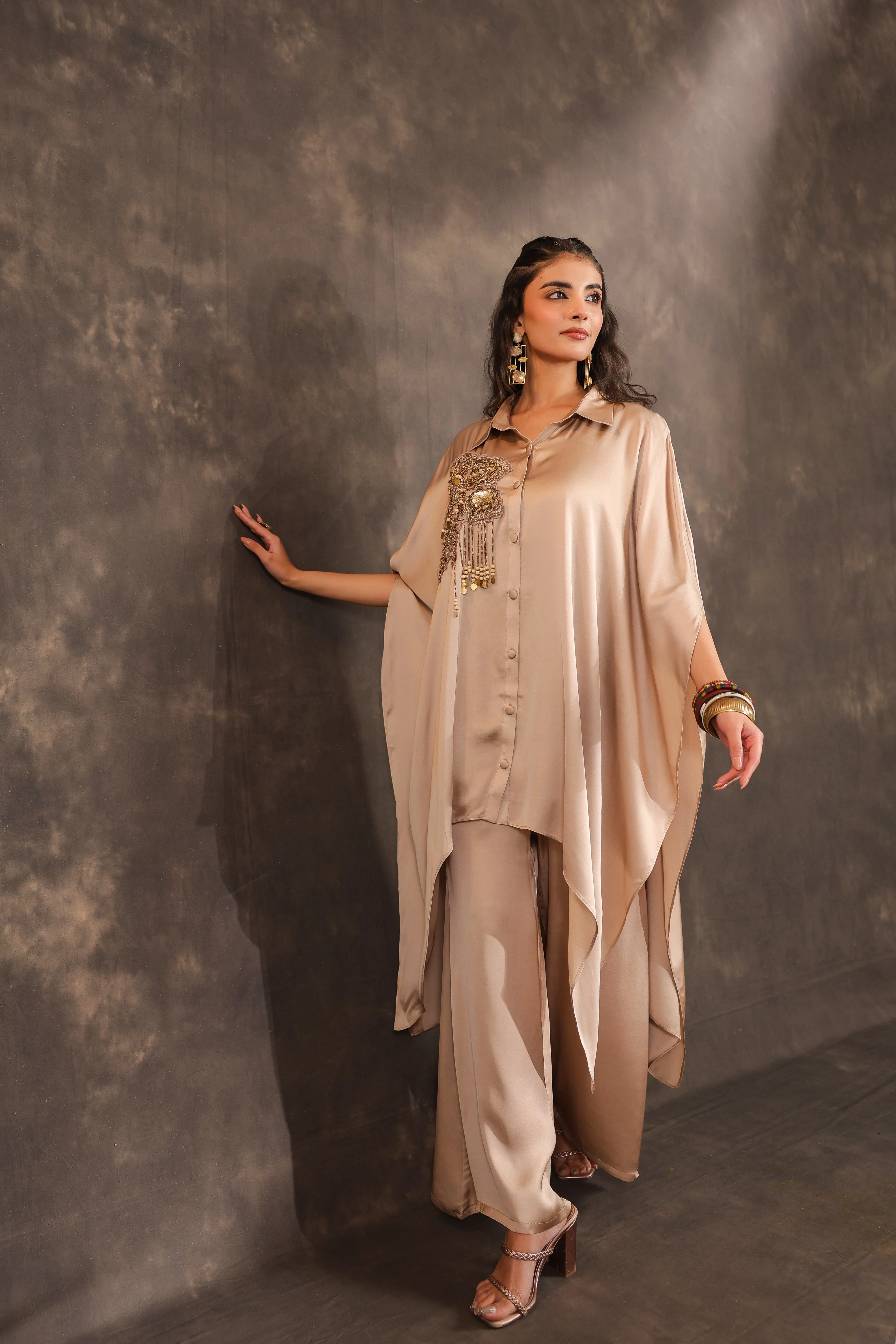 Metallic Beige Embellished Modal Satin Silk Co-Ord Set - Image 4
