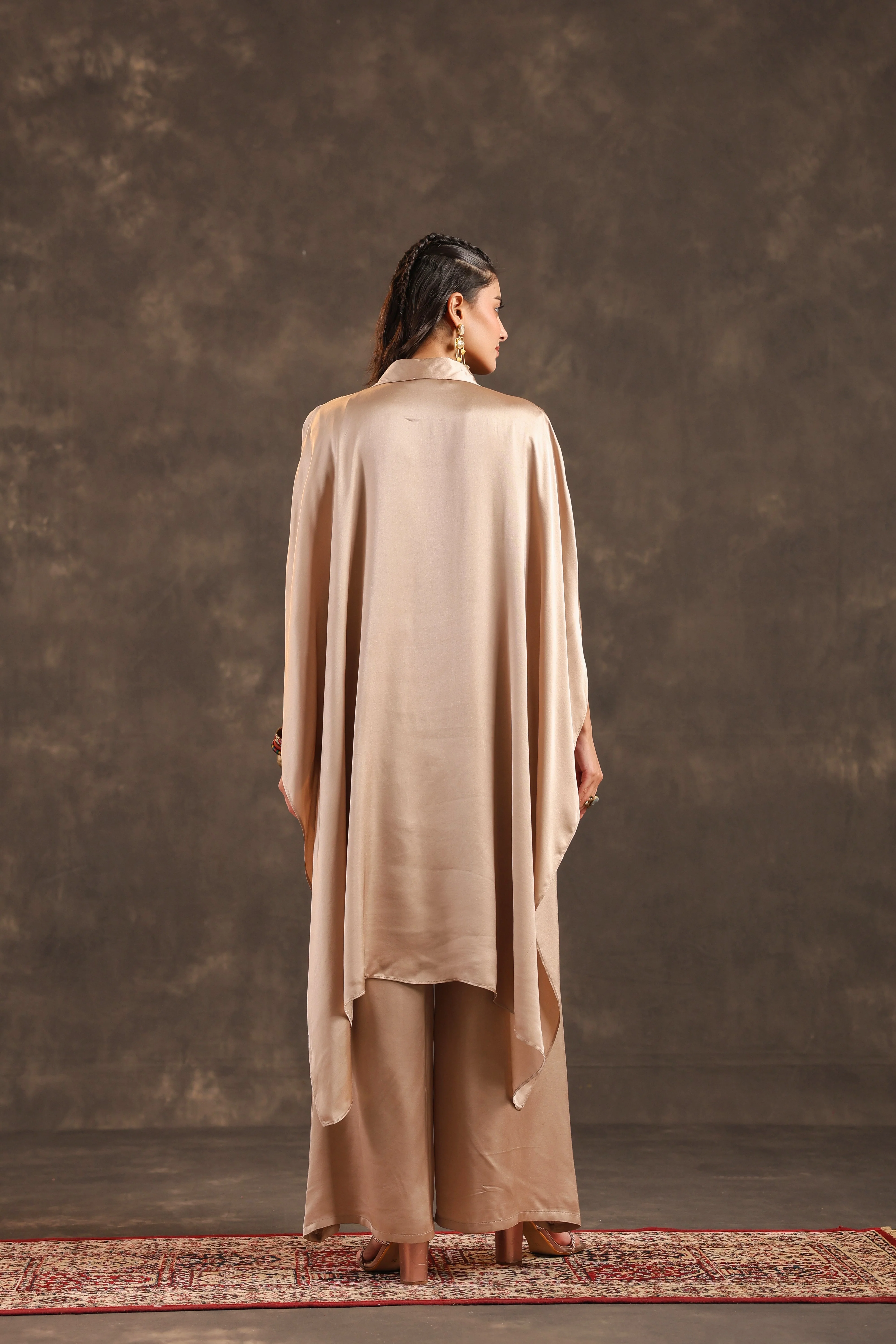 Metallic Beige Embellished Modal Satin Silk Co-Ord Set - Image 5