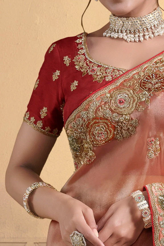 Dusty Orange Embellished Twill Tissue Silk Saree - Image 2
