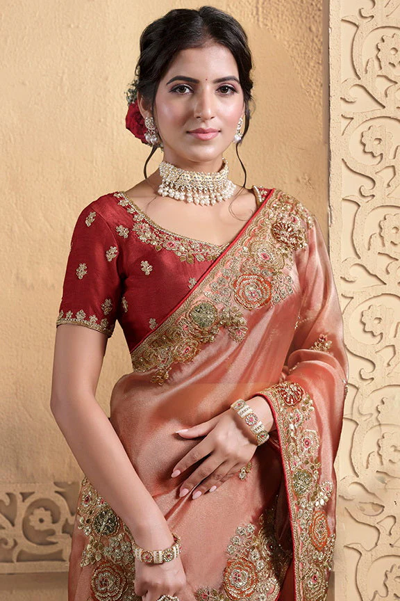 Dusty Orange Embellished Twill Tissue Silk Saree - Image 3