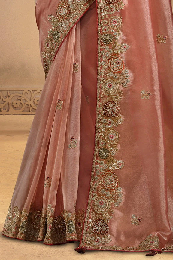 Dusty Orange Embellished Twill Tissue Silk Saree - Image 4