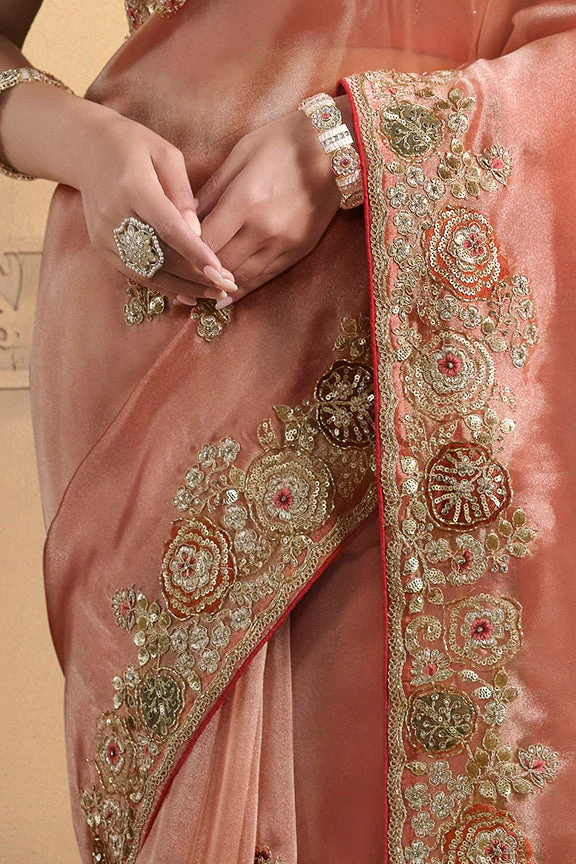 Dusty Orange Embellished Twill Tissue Silk Saree - Image 5