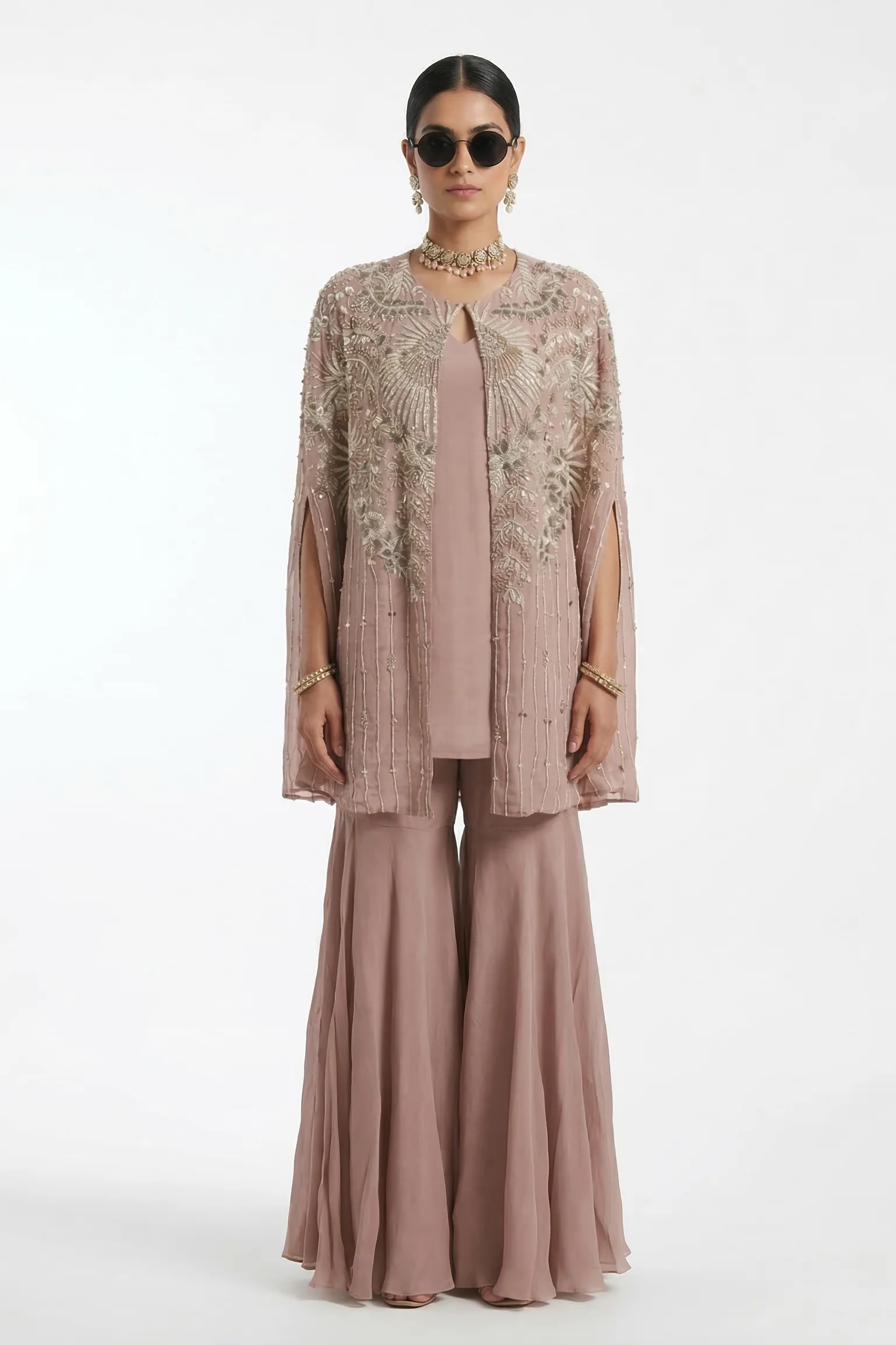 Rose Pearl Embellished Crepe Silk Sharara Set