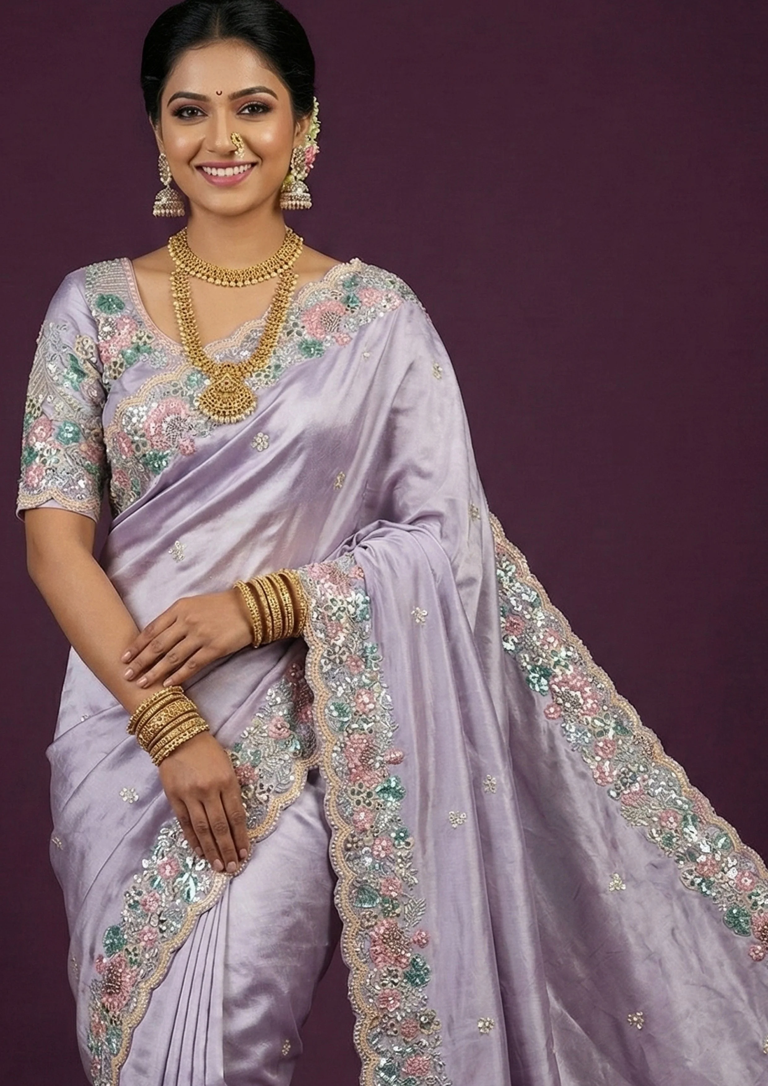 Pastel Lilac Embellished Tissue Silk Saree - Image 2