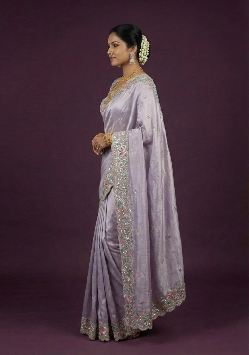 Pastel Lilac Embellished Tissue Silk Saree - Image 3