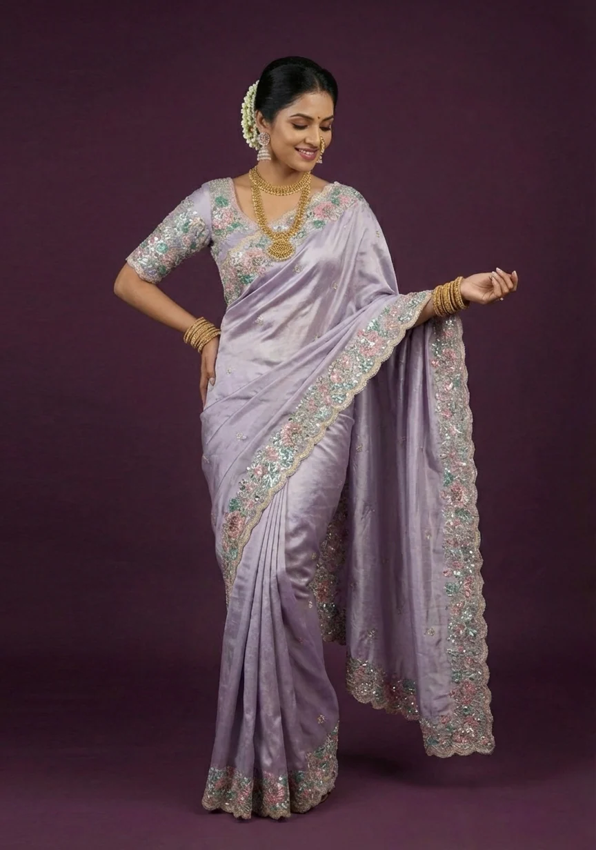 Pastel Lilac Embellished Tissue Silk Saree - Image 4