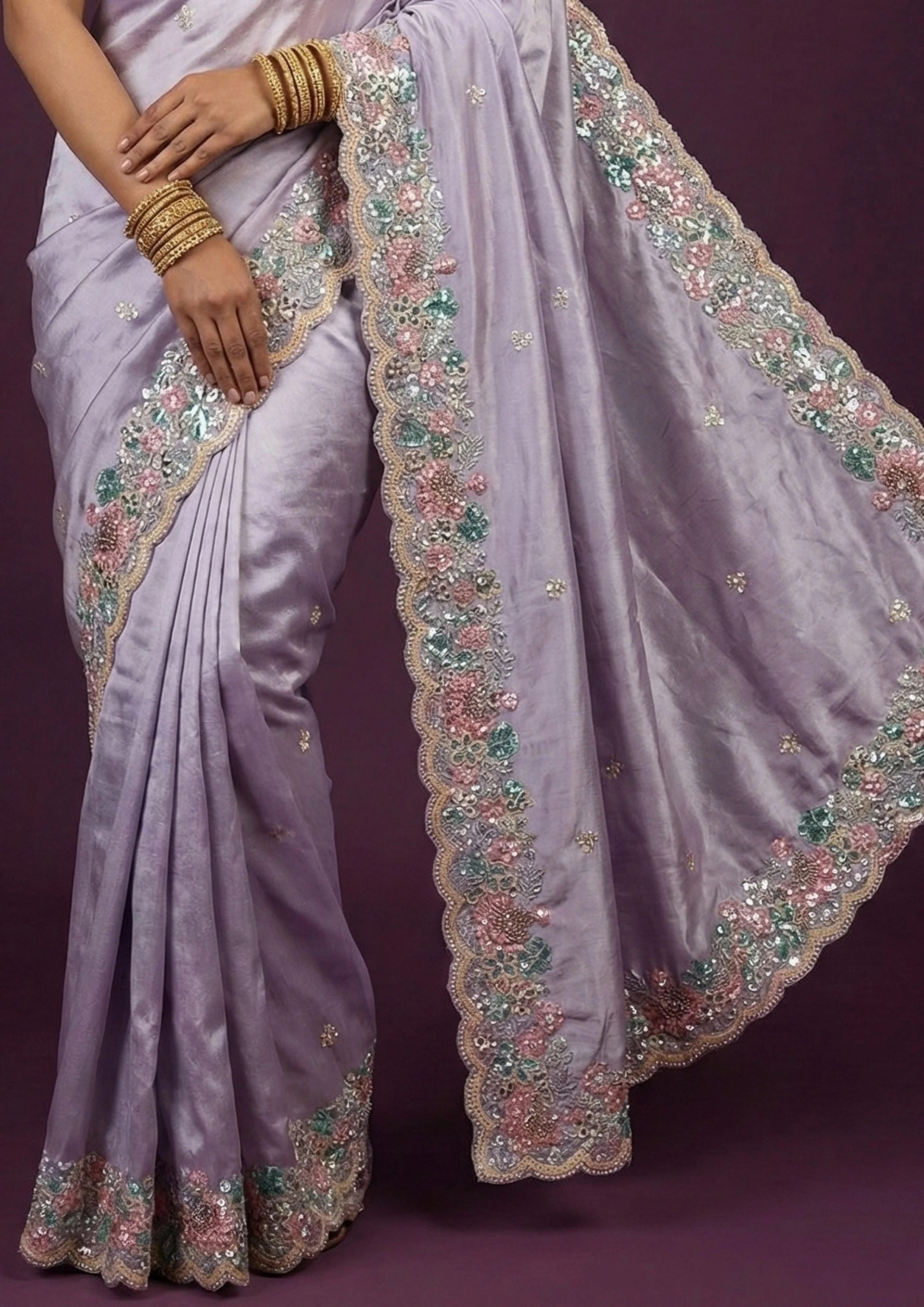 Pastel Lilac Embellished Tissue Silk Saree - Image 5