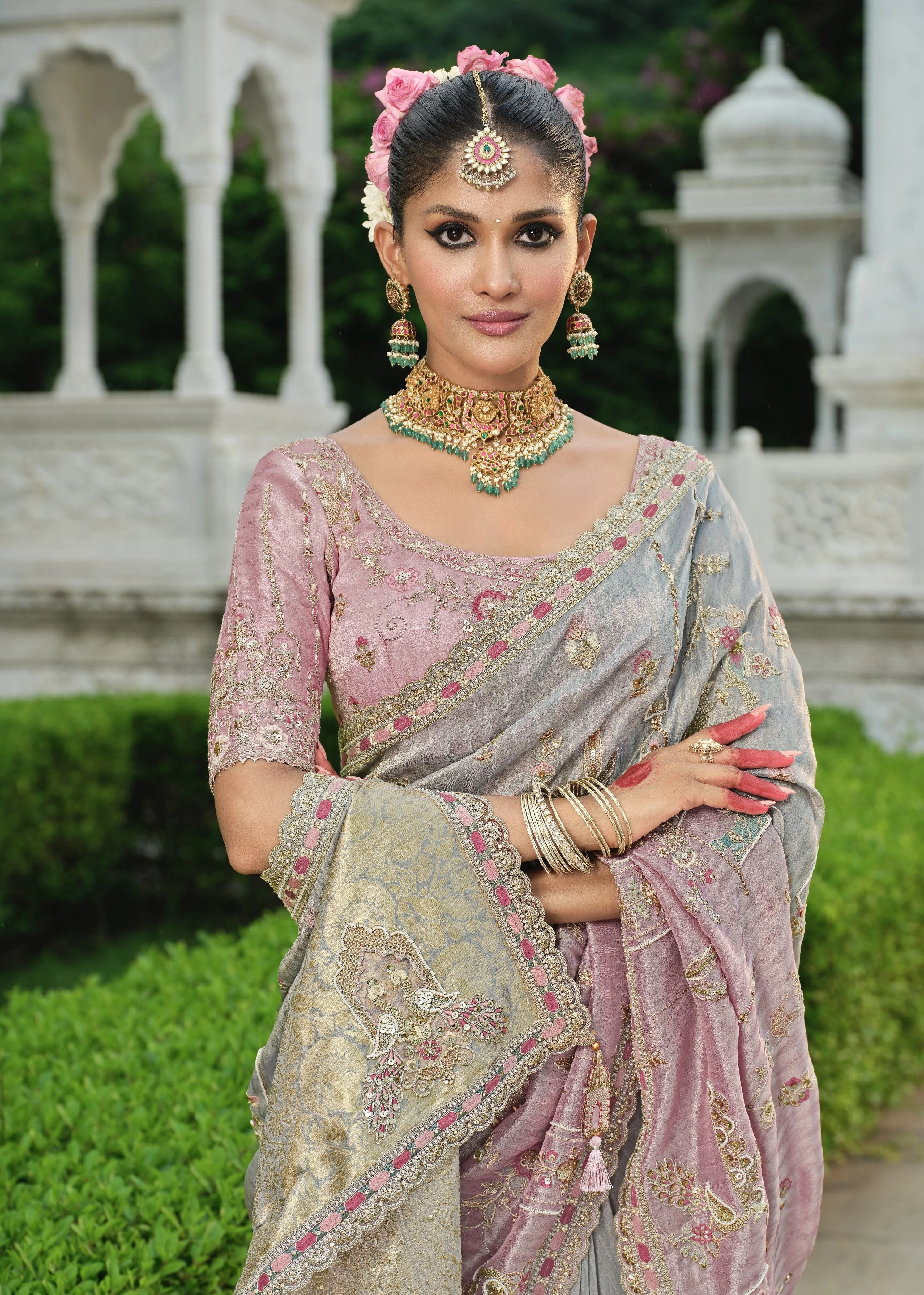 Ash Grey Embellished Tissue Organza Silk Saree - Image 2