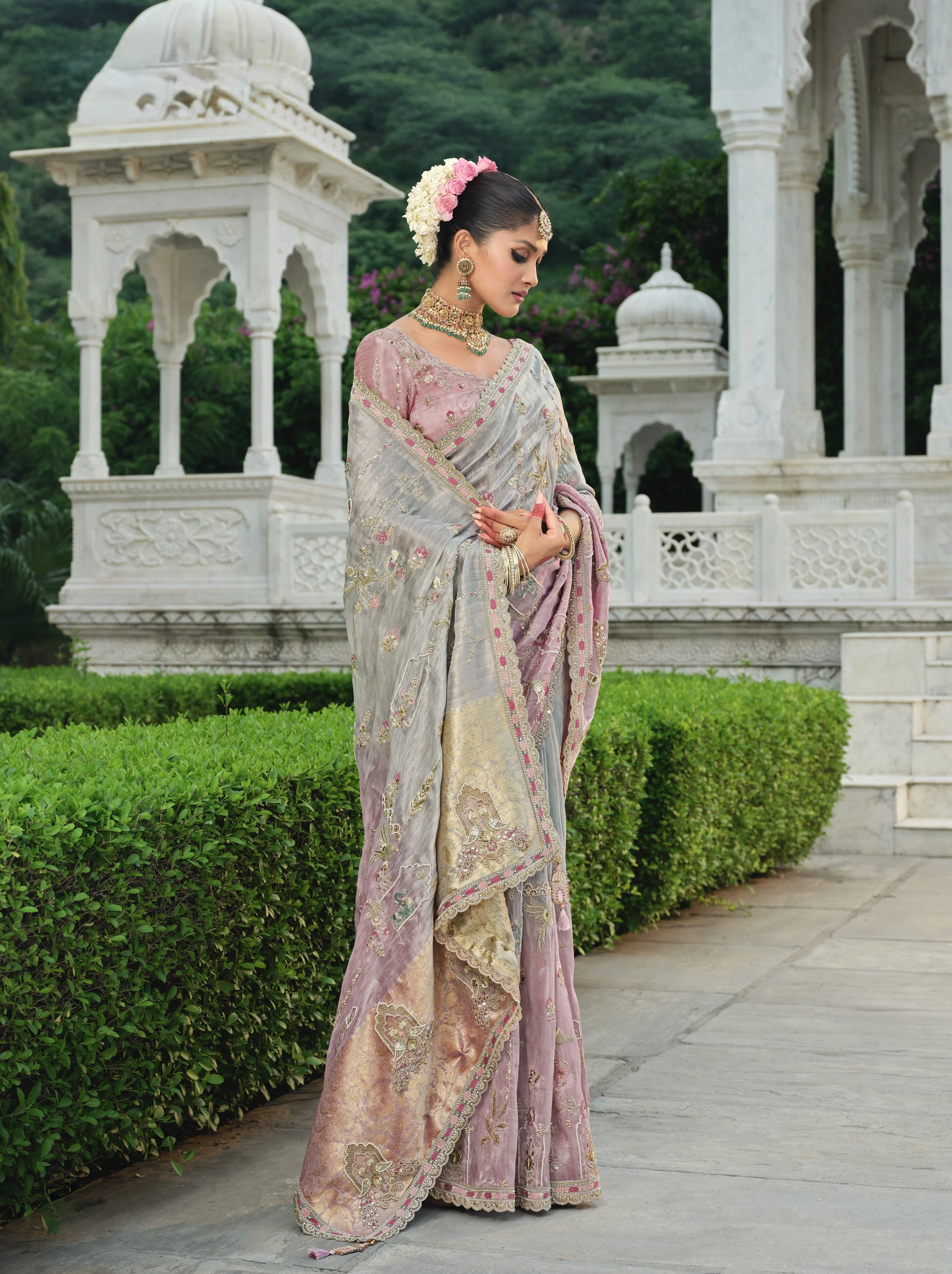 Ash Grey Embellished Tissue Organza Silk Saree - Image 3