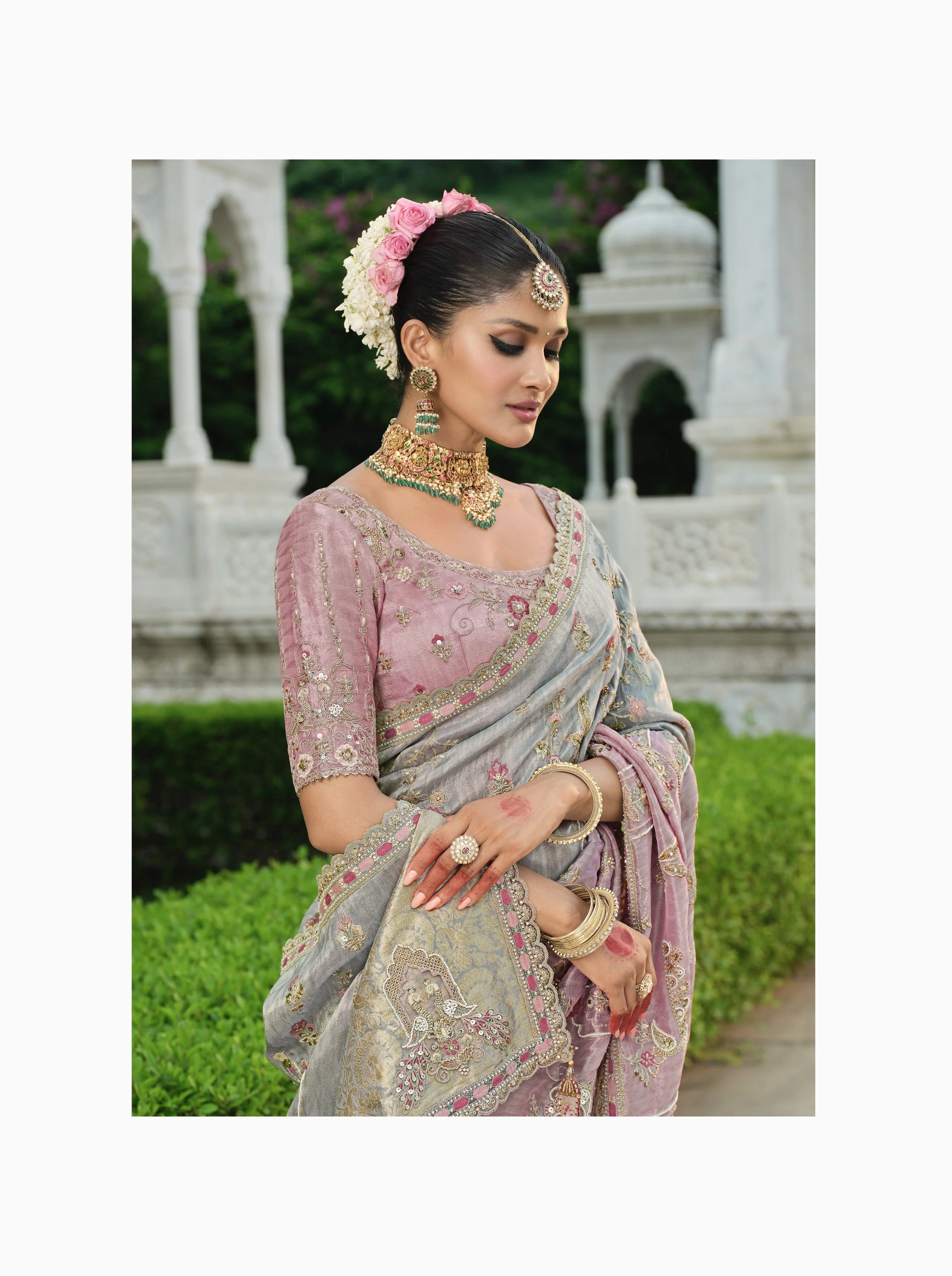 Ash Grey Embellished Tissue Organza Silk Saree - Image 4