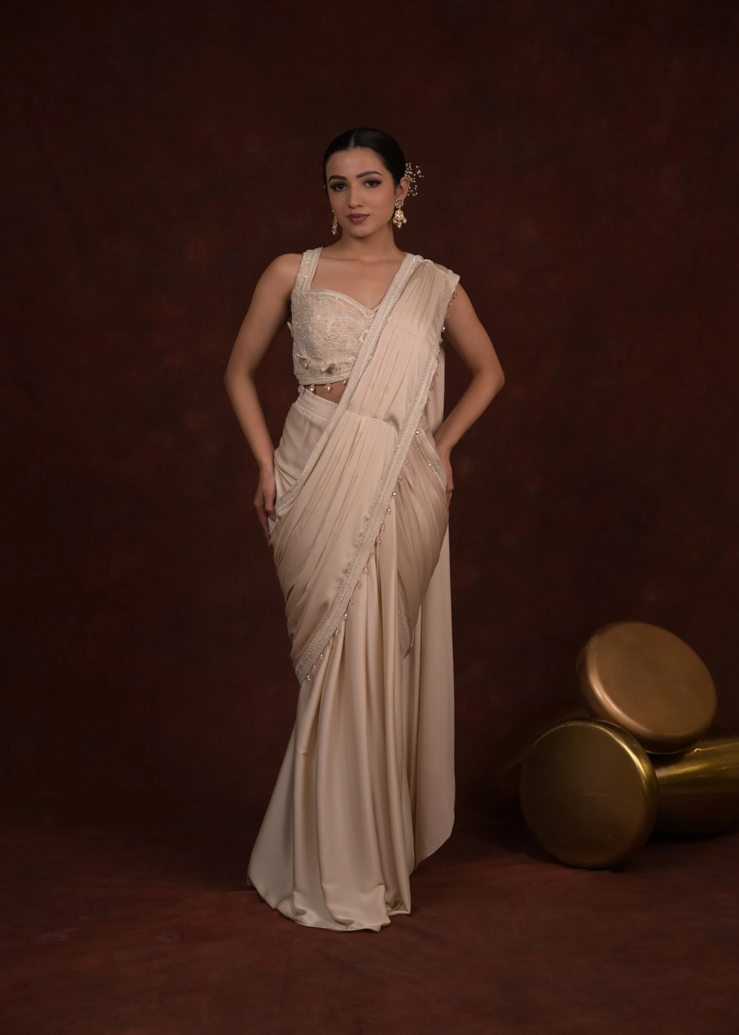 Ivory Glided Embellished Satin Silk Draped Saree