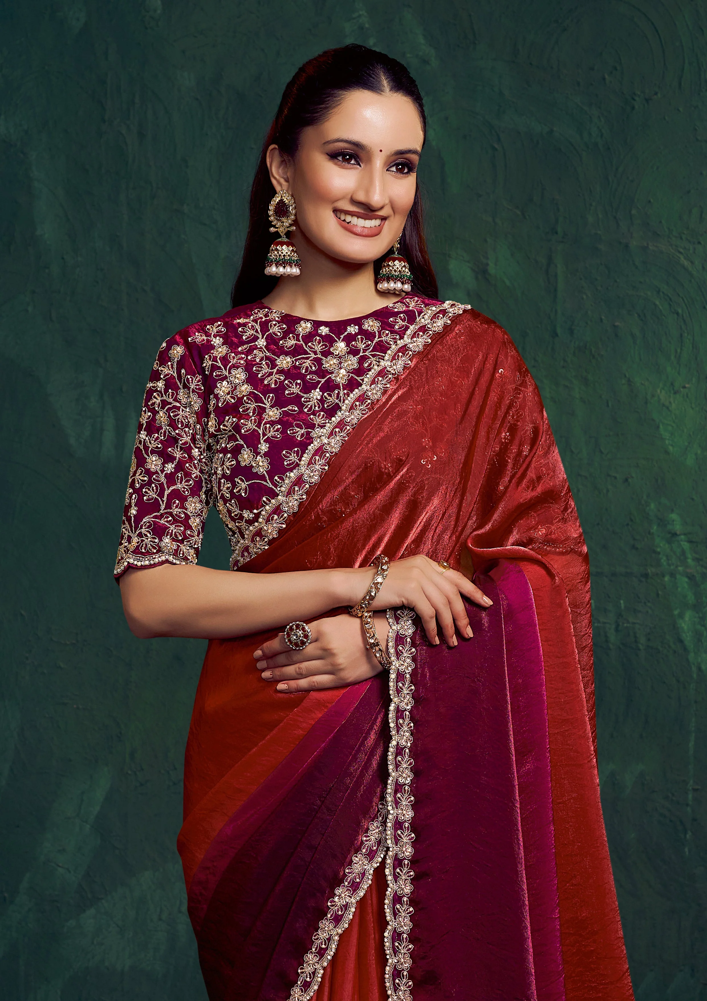 Garnet Wine Embellished Tissue Silk Saree - Image 2