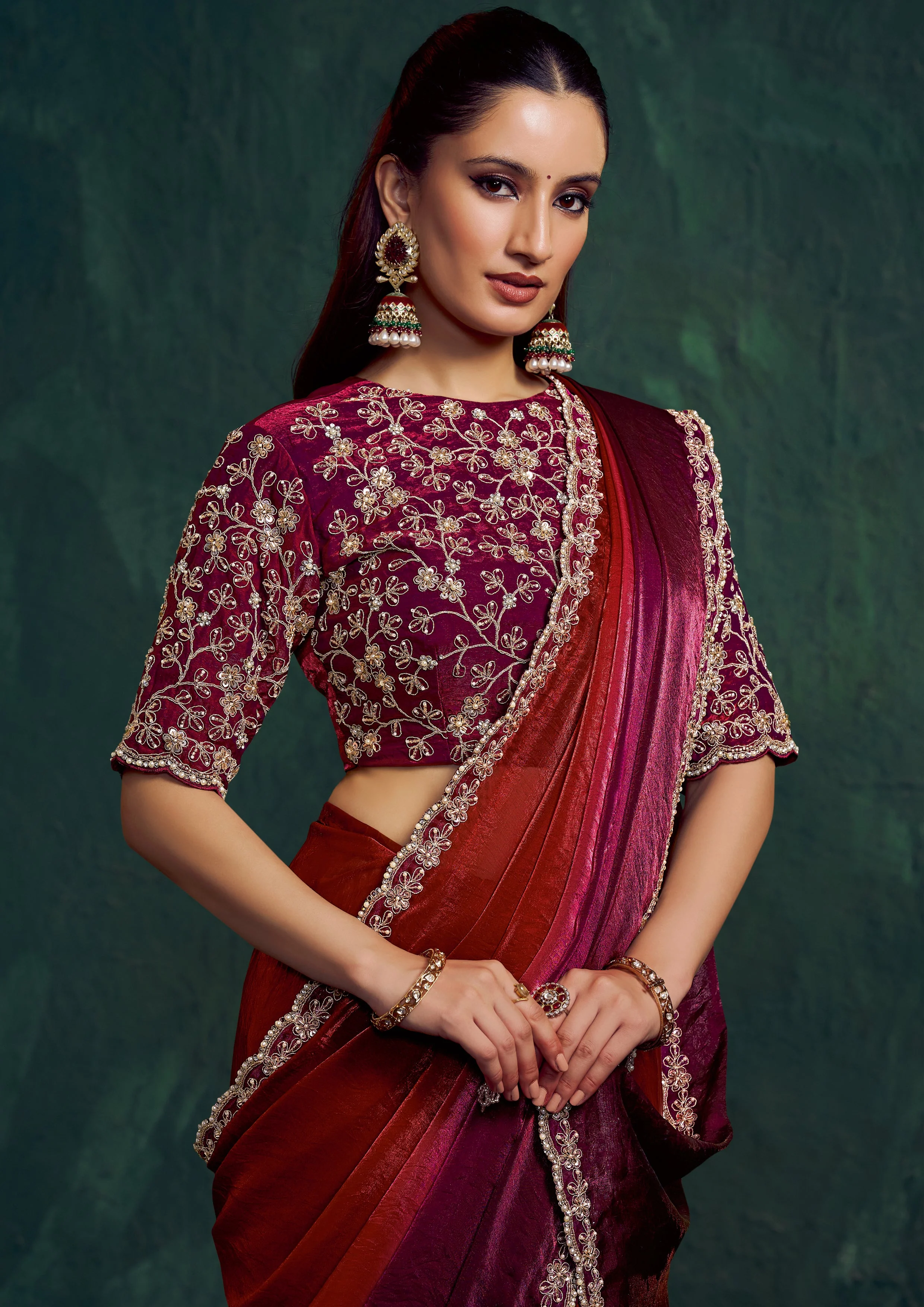 Garnet Wine Embellished Tissue Silk Saree - Image 3