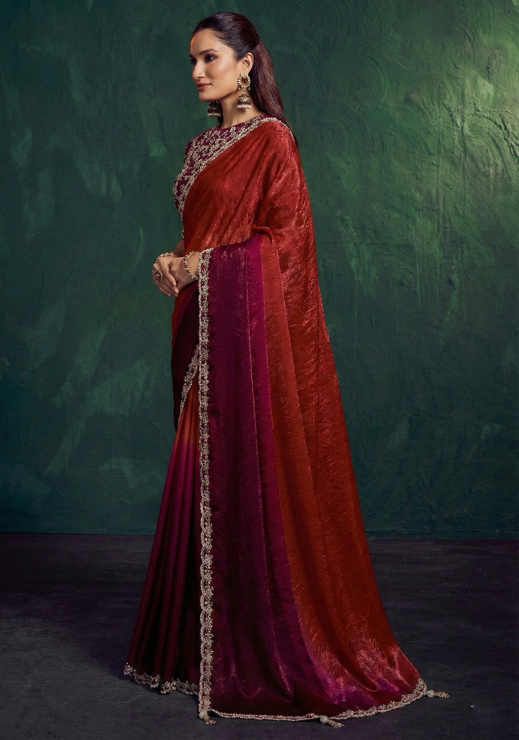 Garnet Wine Embellished Tissue Silk Saree - Image 4