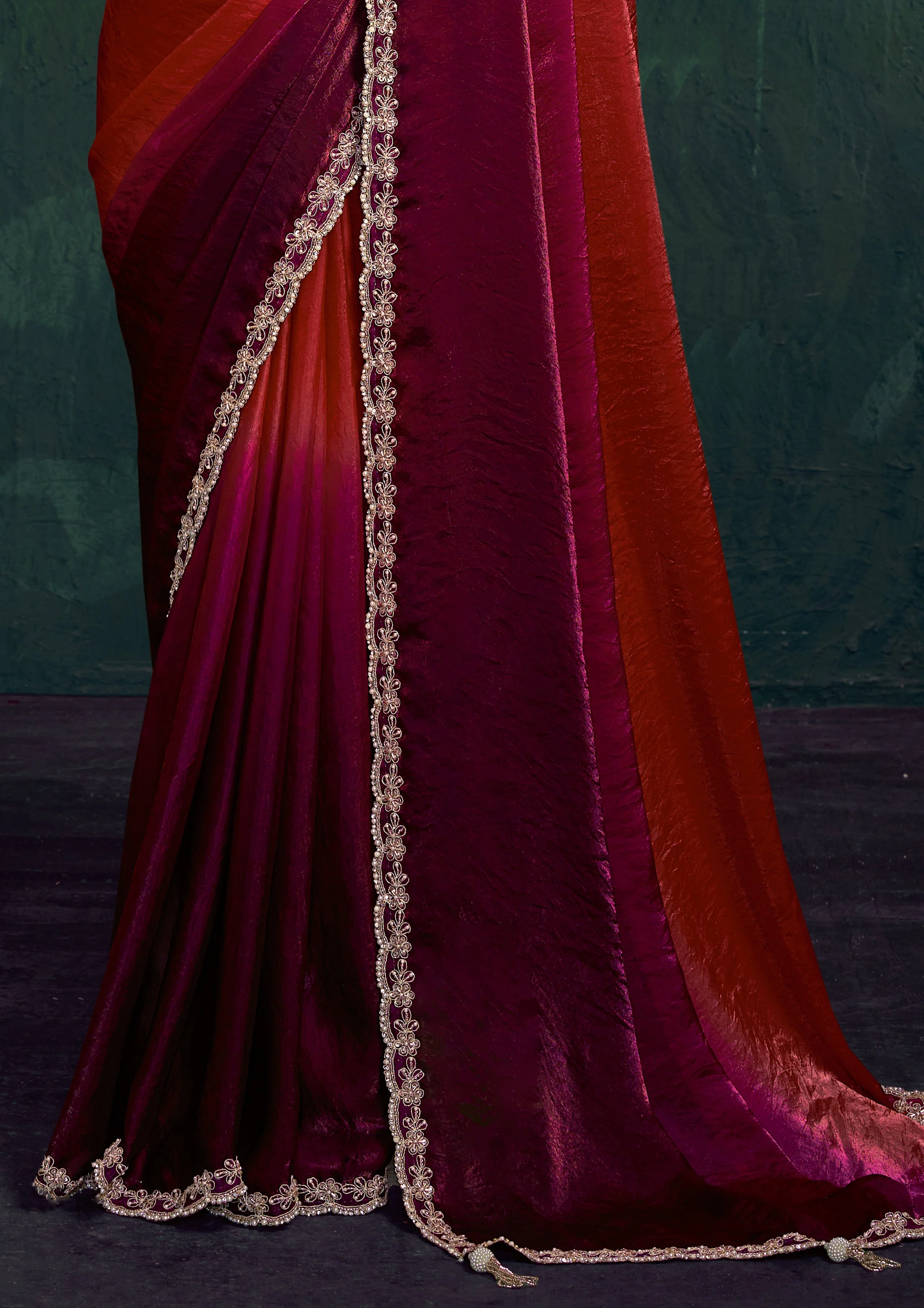 Garnet Wine Embellished Tissue Silk Saree - Image 5