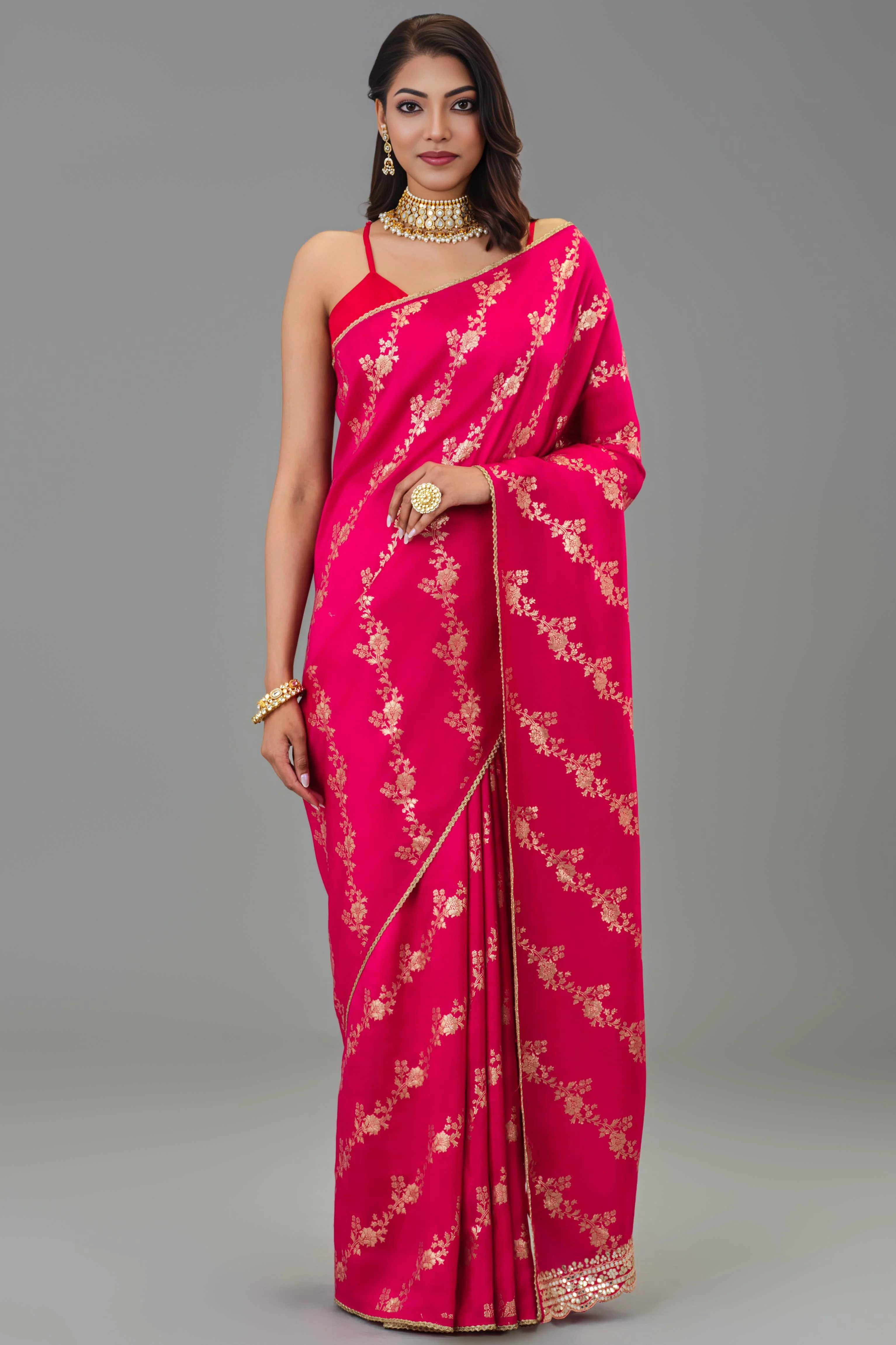 Festive Pink Handwork Dola Silk Saree - Image 2