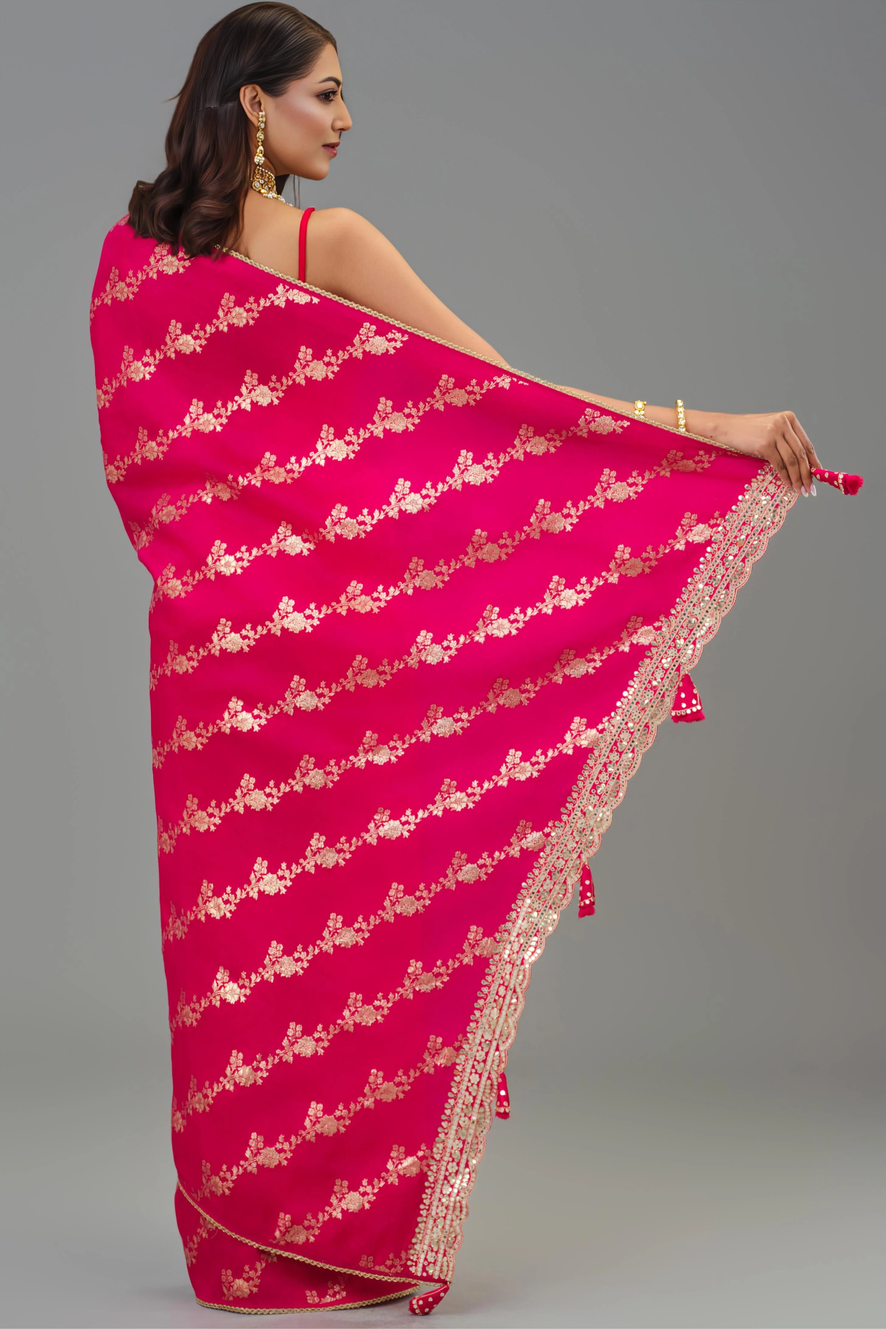 Festive Pink Handwork Dola Silk Saree - Image 3