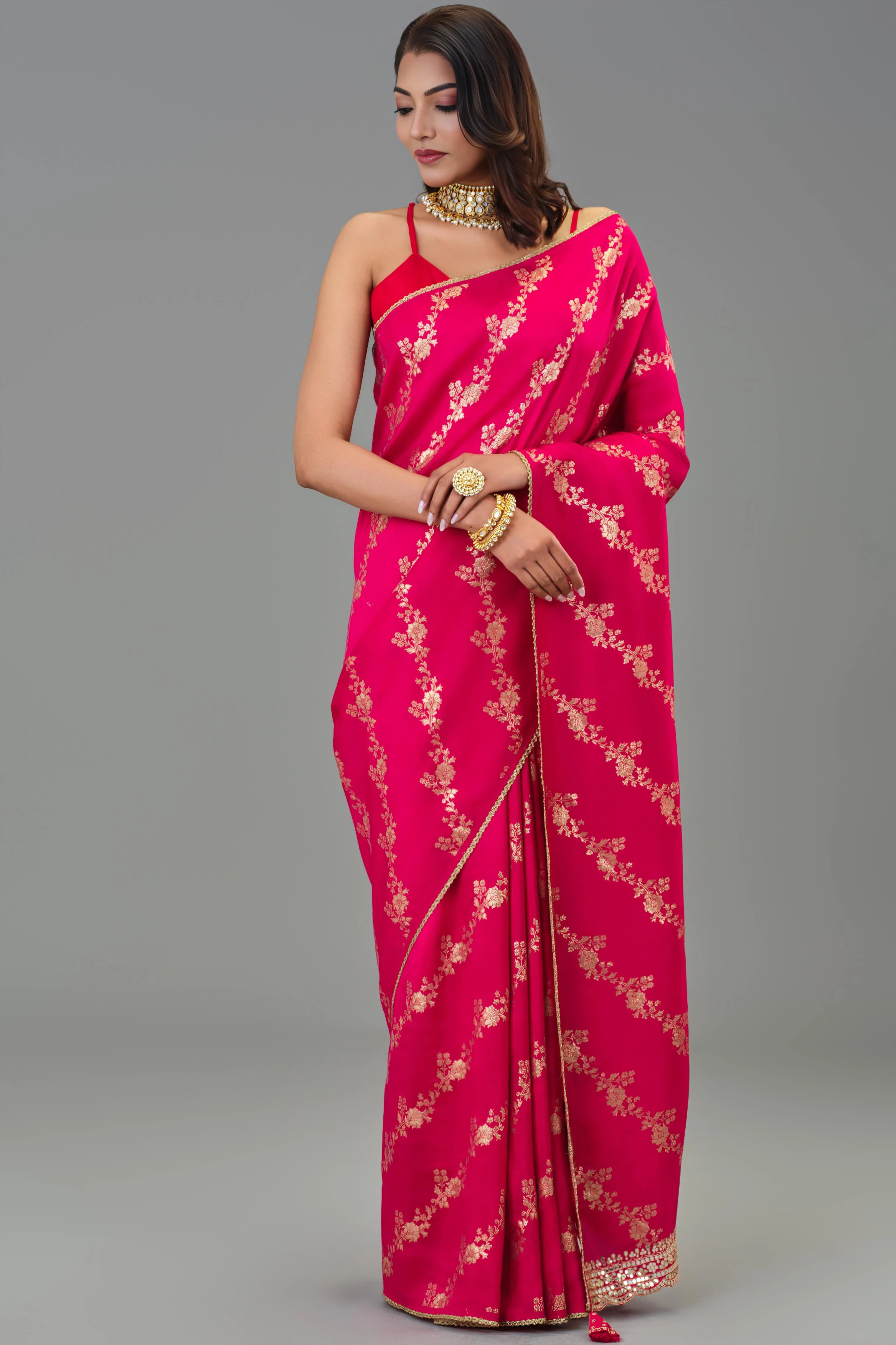 Festive Pink Handwork Dola Silk Saree - Image 4