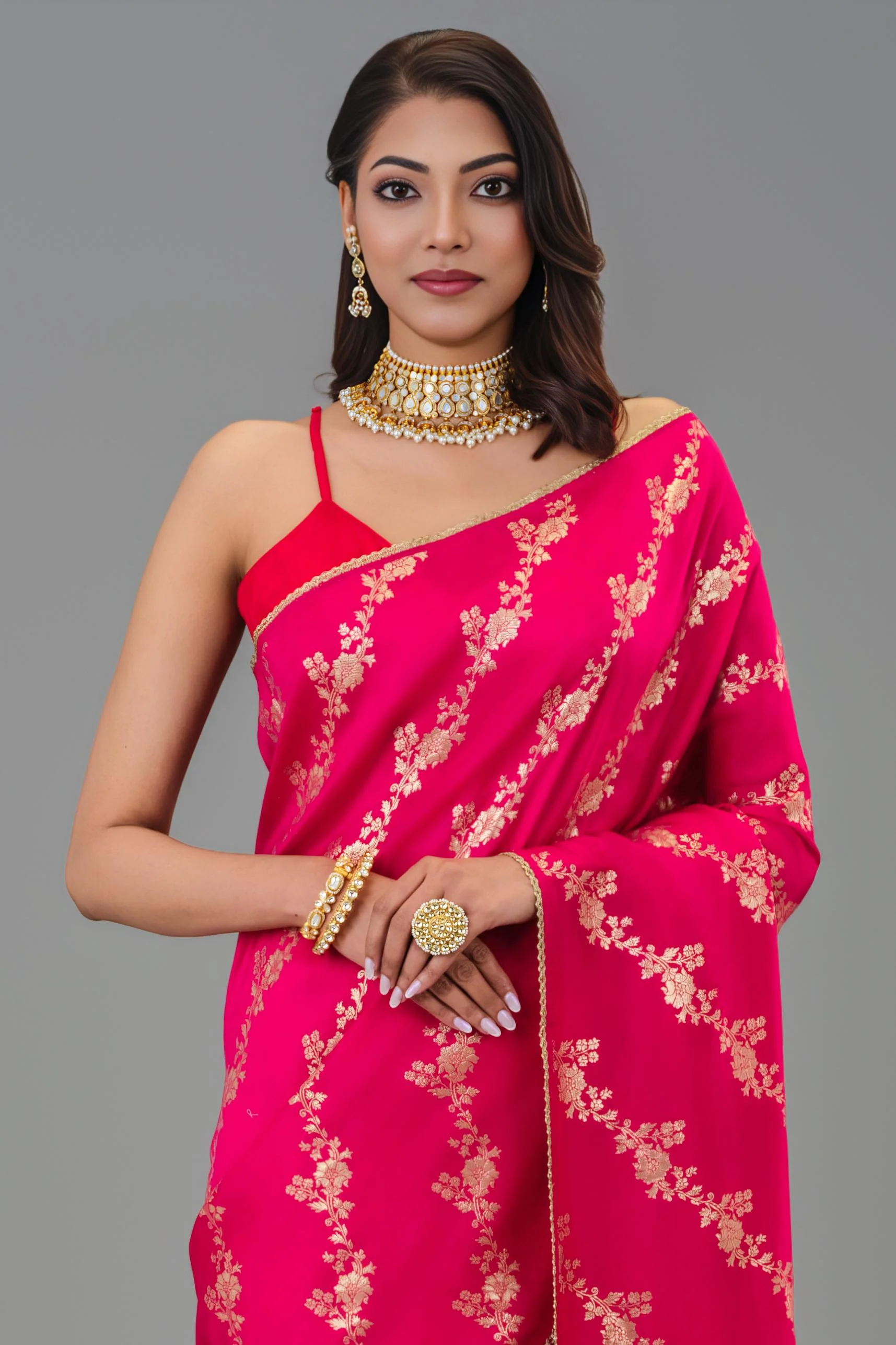 Festive Pink Handwork Dola Silk Saree - Image 5