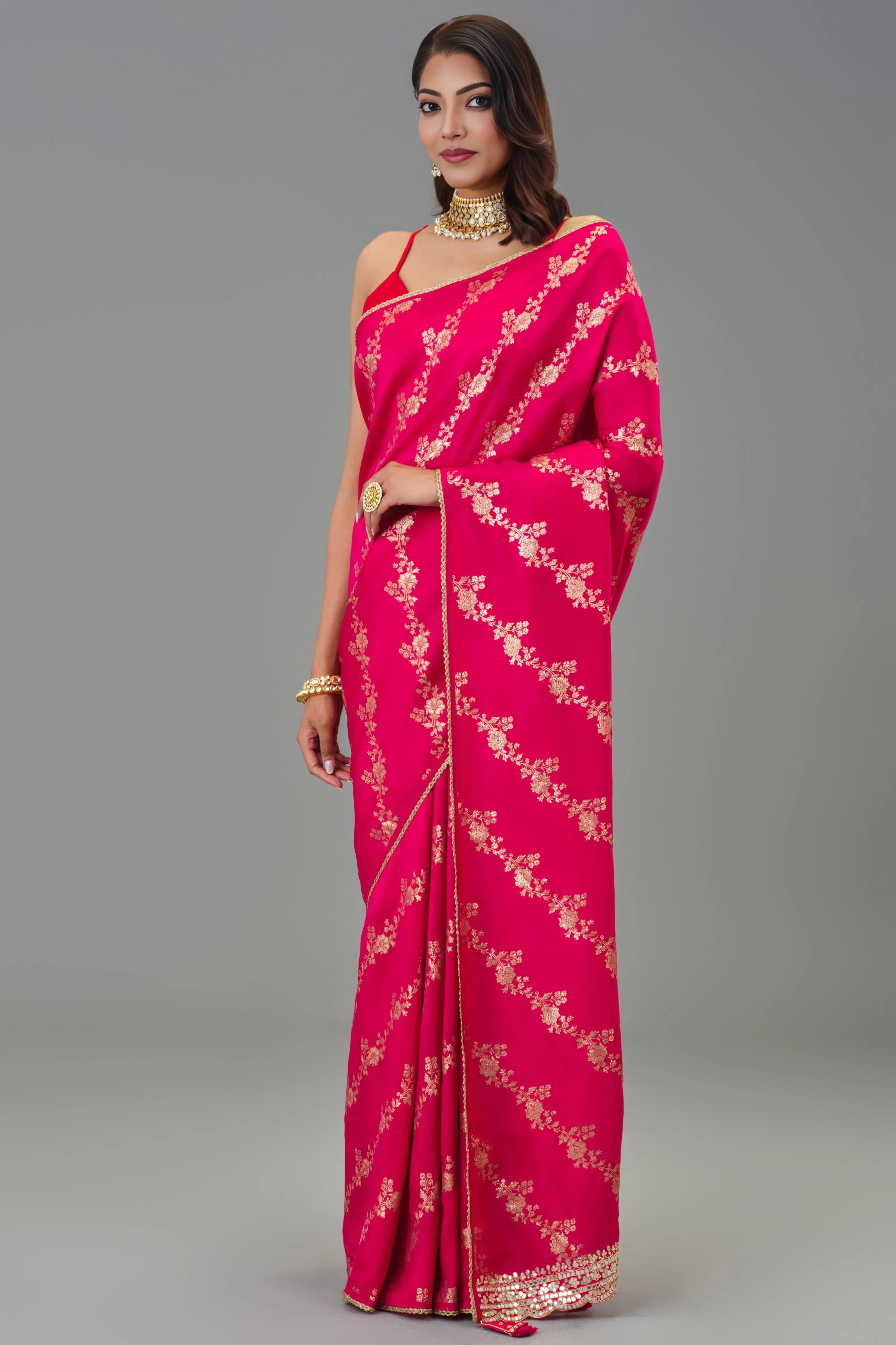 Festive Pink Handwork Dola Silk Saree - Image 7