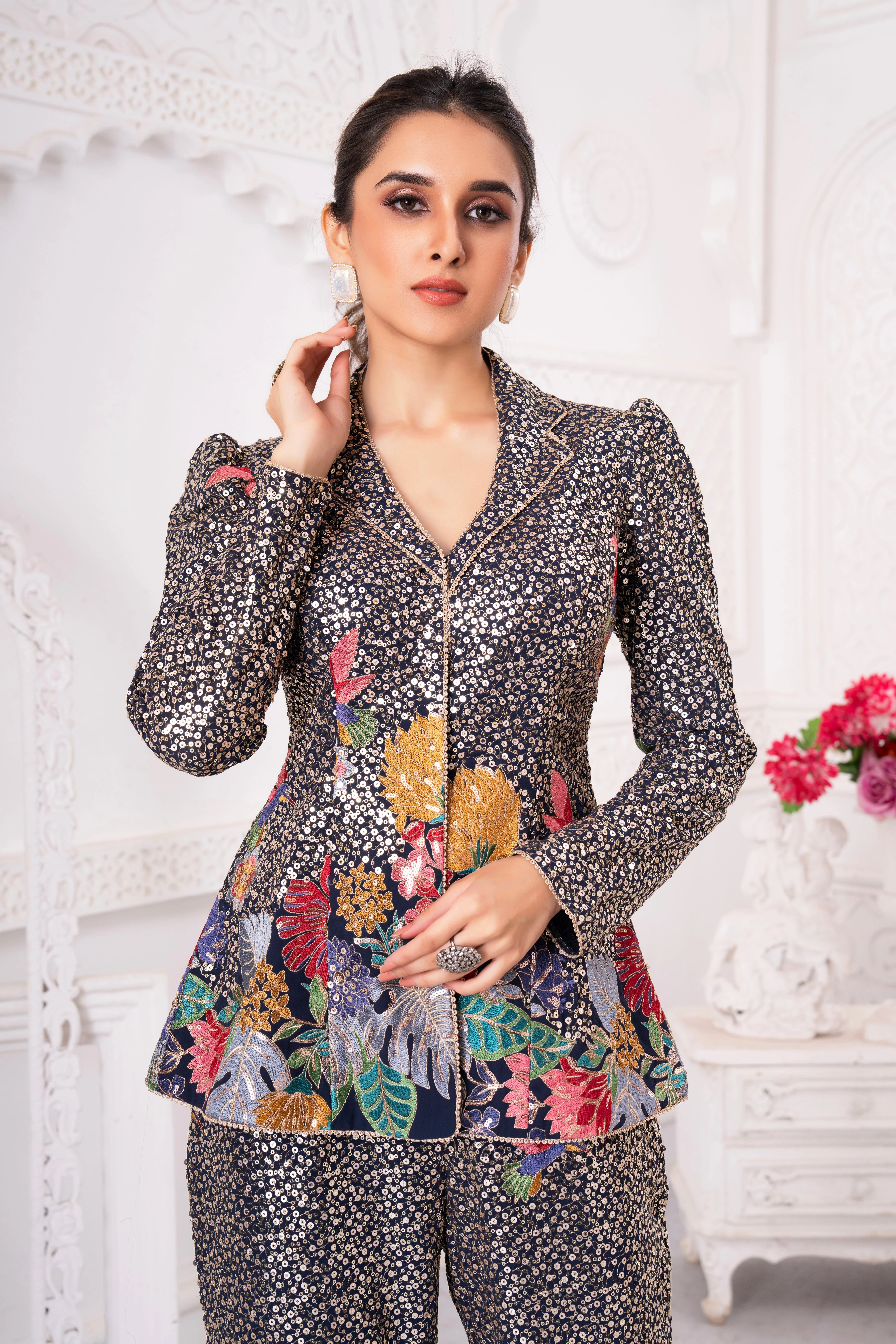 Starry Night Floral Handwork Blazer Co-Ord Set - Image 2