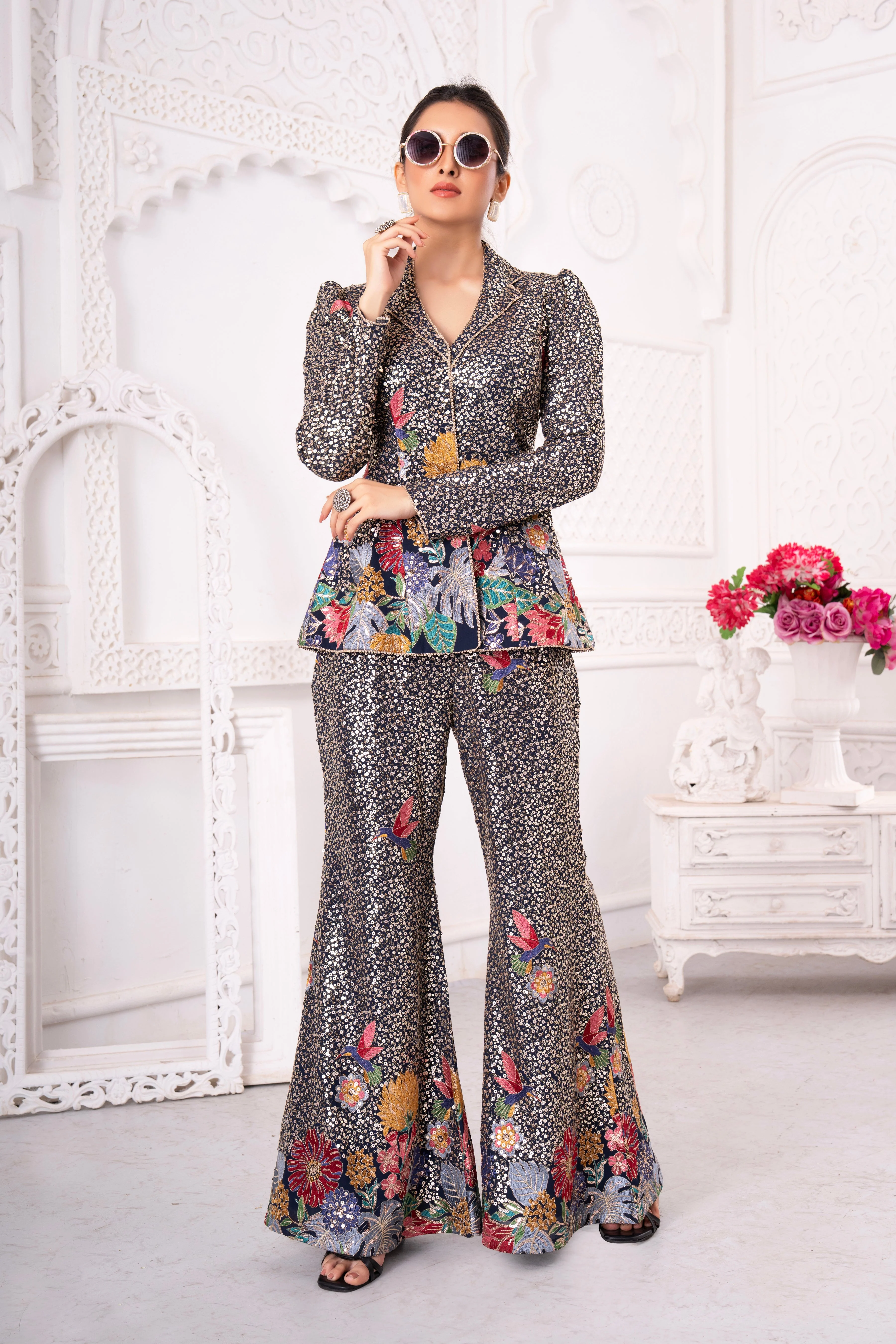 Starry Night Floral Handwork Blazer Co-Ord Set - Image 3