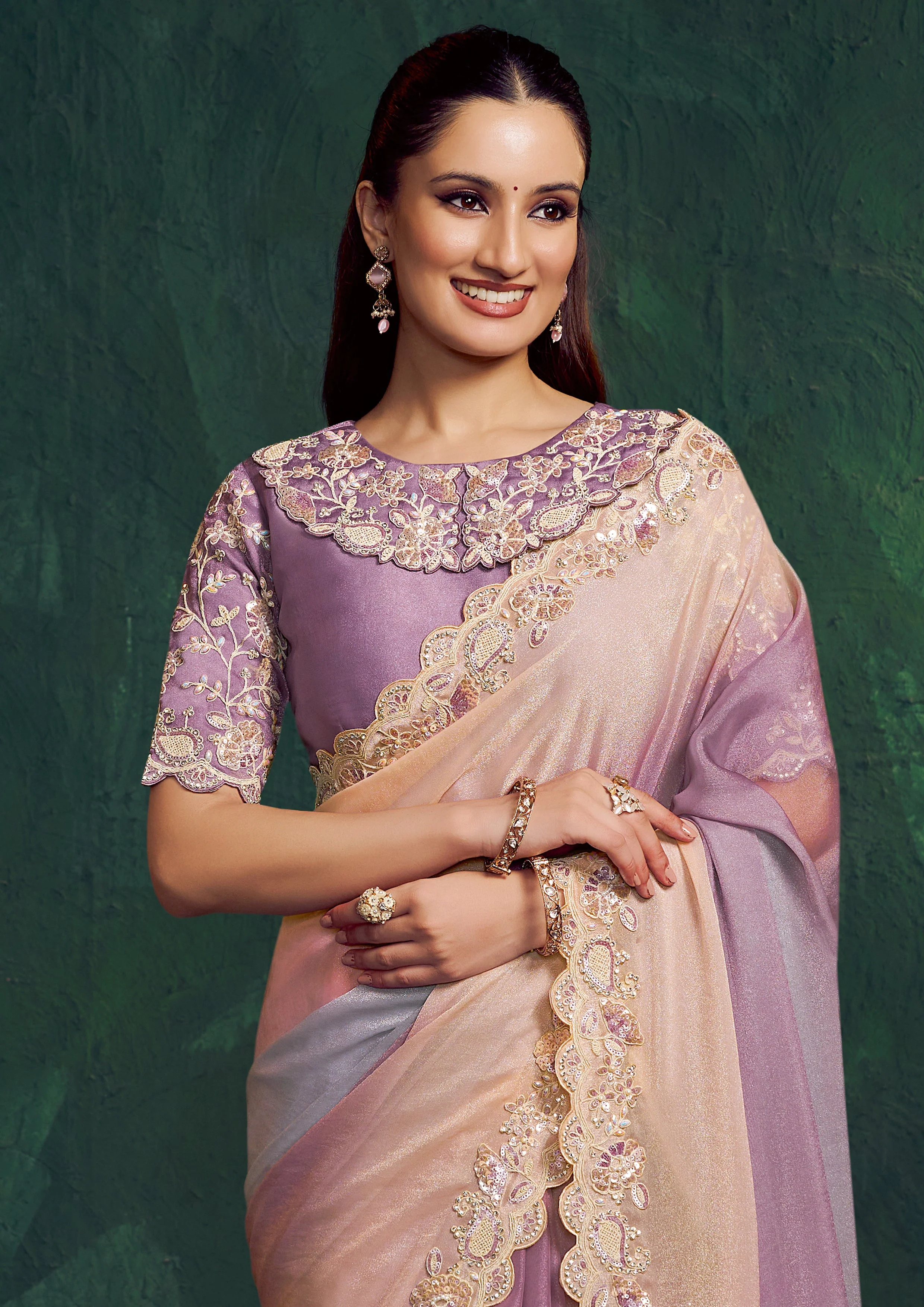 Multi Pastel Shaded Embellished Georgette Silk Saree - Image 2