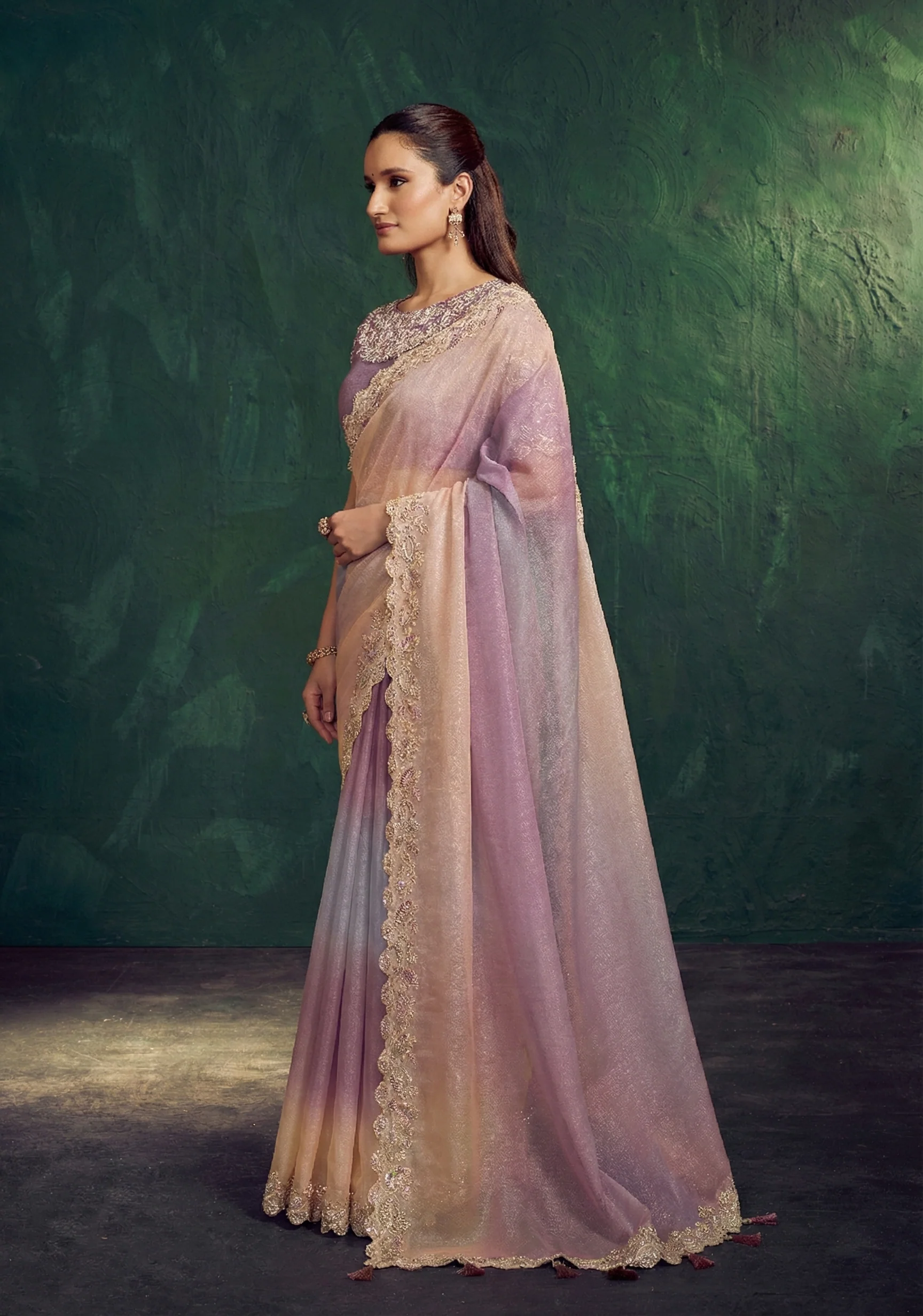 Multi Pastel Shaded Embellished Georgette Silk Saree - Image 4
