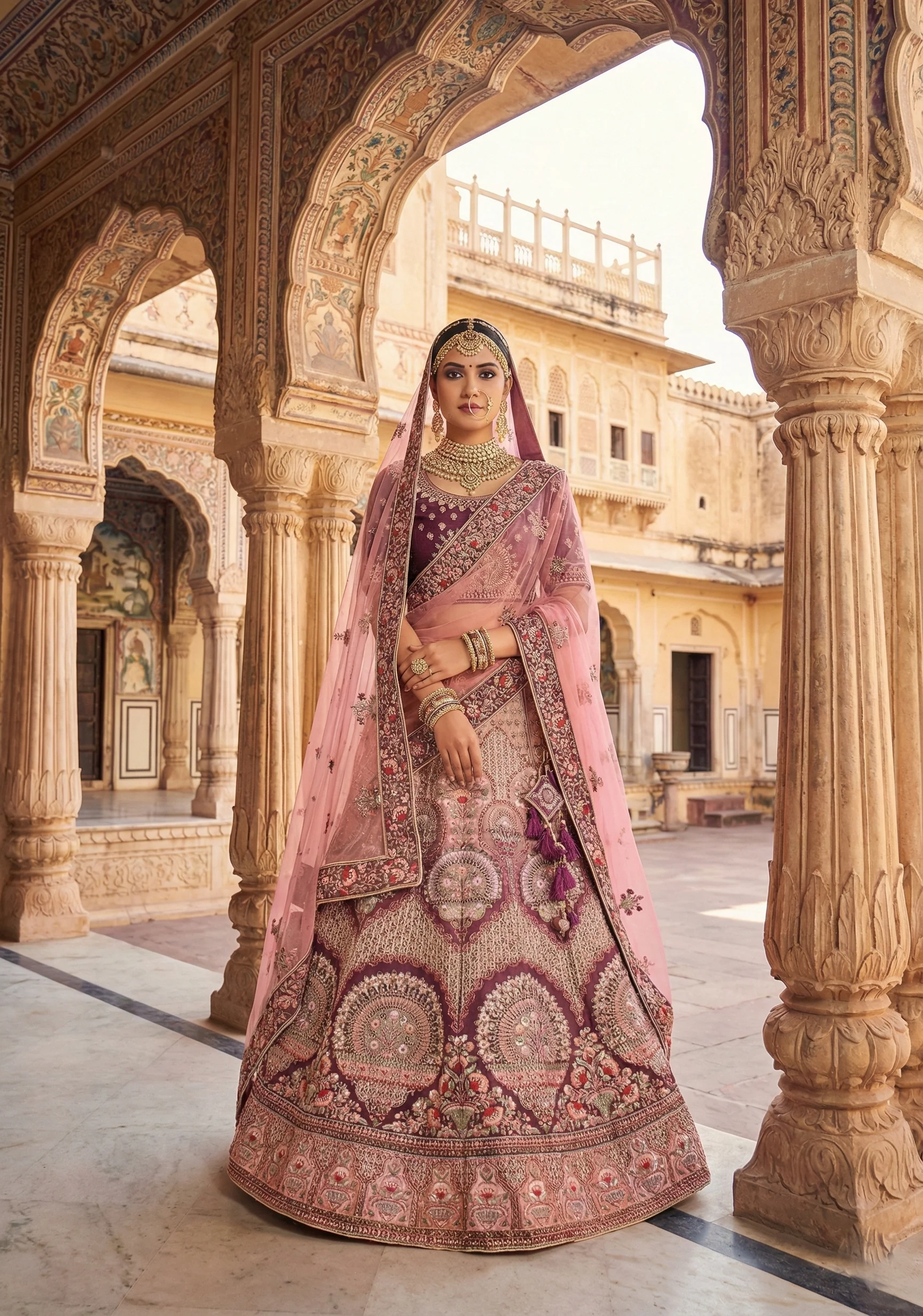 Maroon Pink Embellished Premium Velvet Lehenga Set