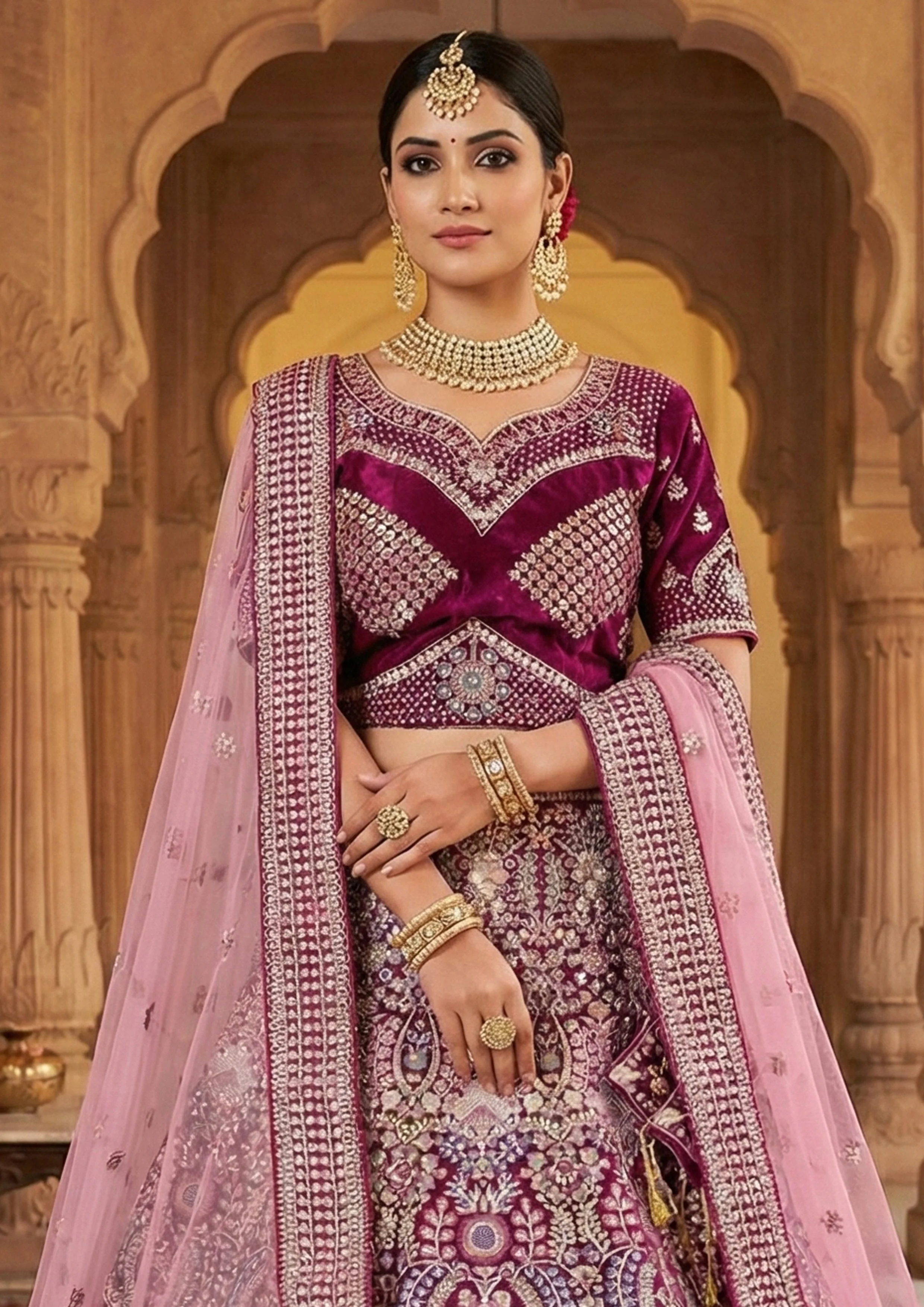 Wine Maroon Embellished Premium Velvet Lehenga Set - Image 2