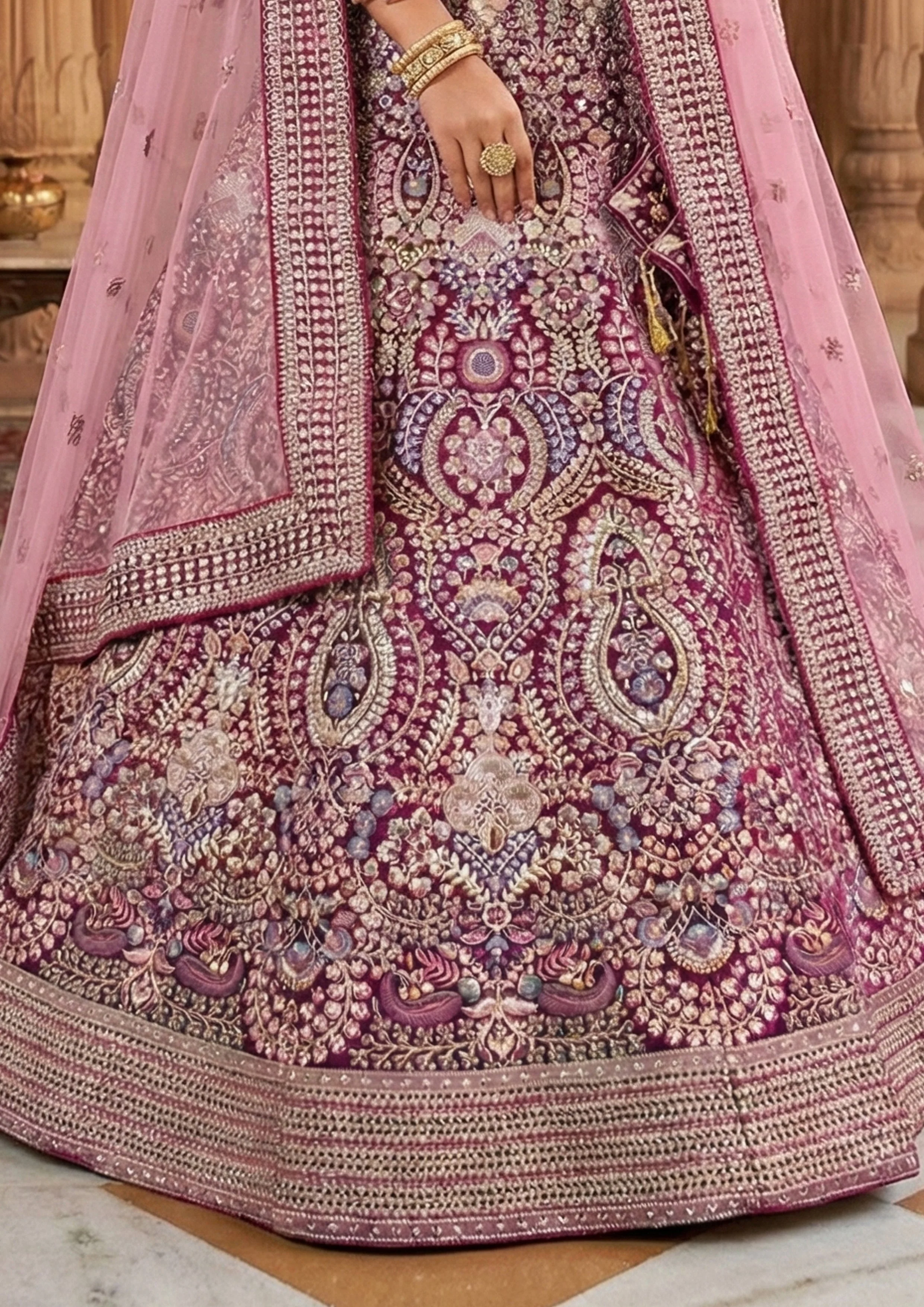 Wine Maroon Embellished Premium Velvet Lehenga Set - Image 3