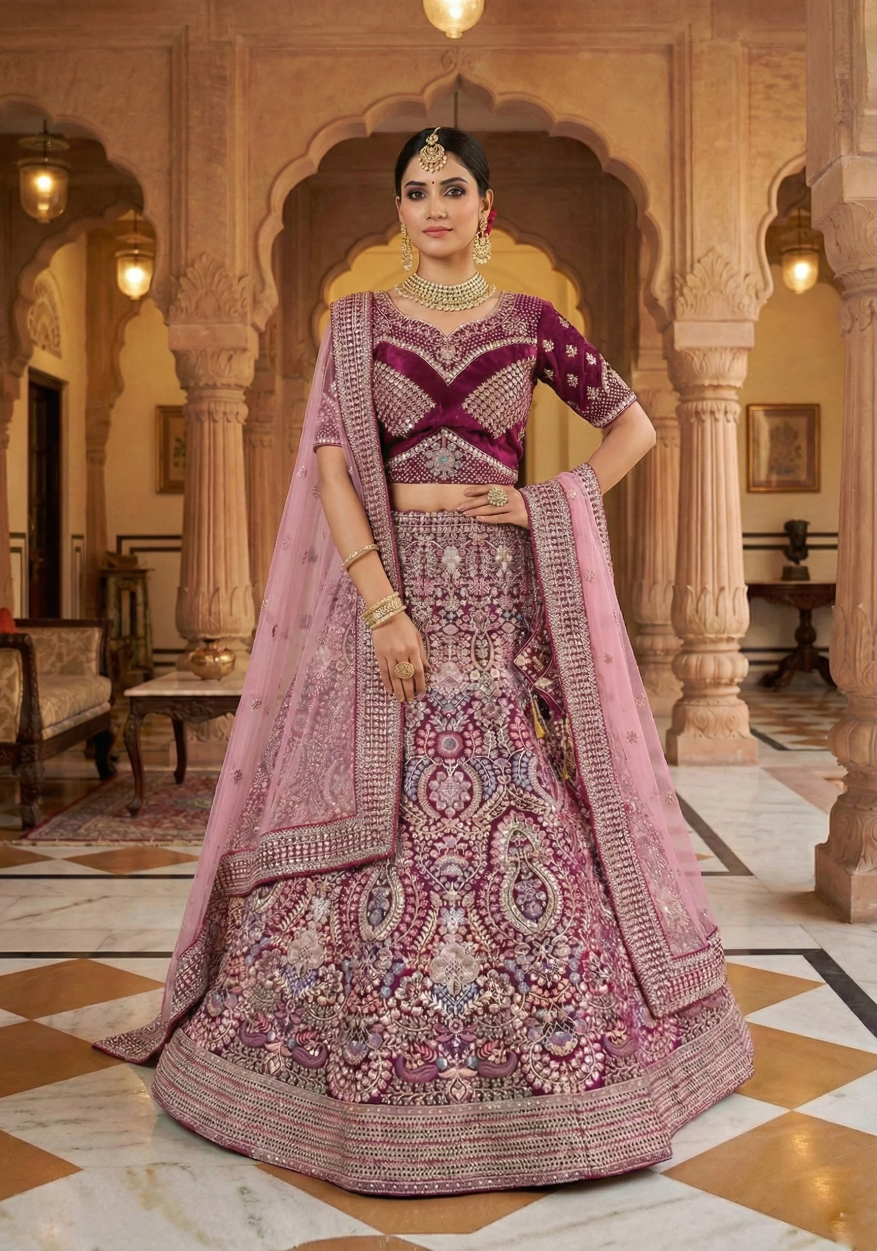 Wine Maroon Embellished Premium Velvet Lehenga Set - Image 4