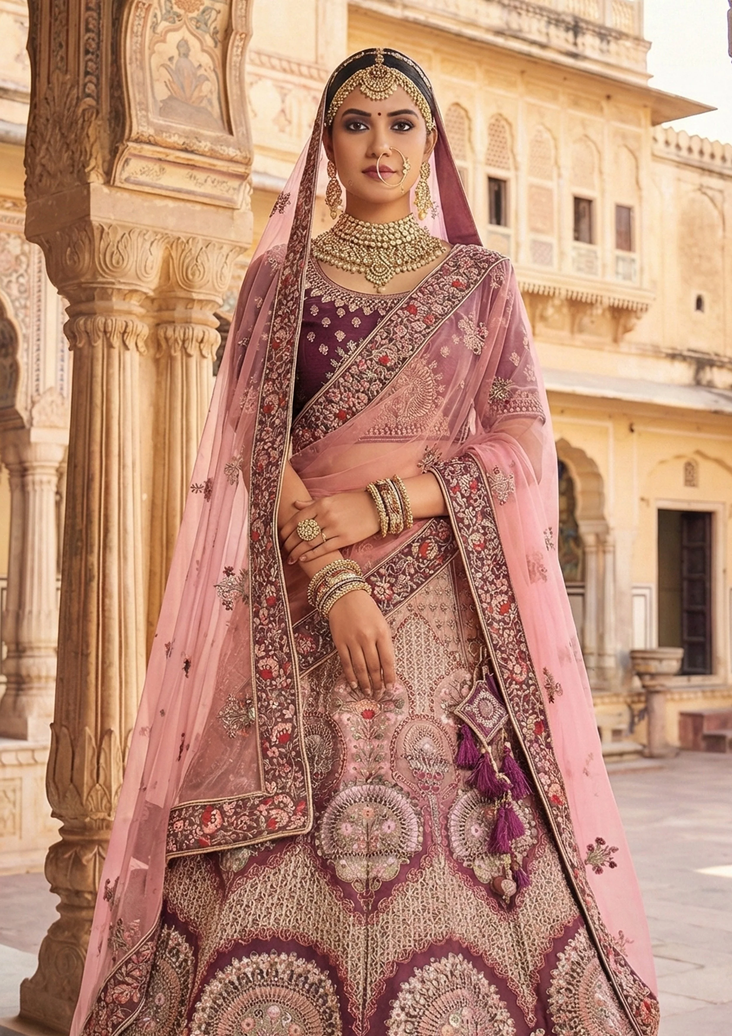 Maroon Pink Embellished Premium Velvet Lehenga Set - Image 2