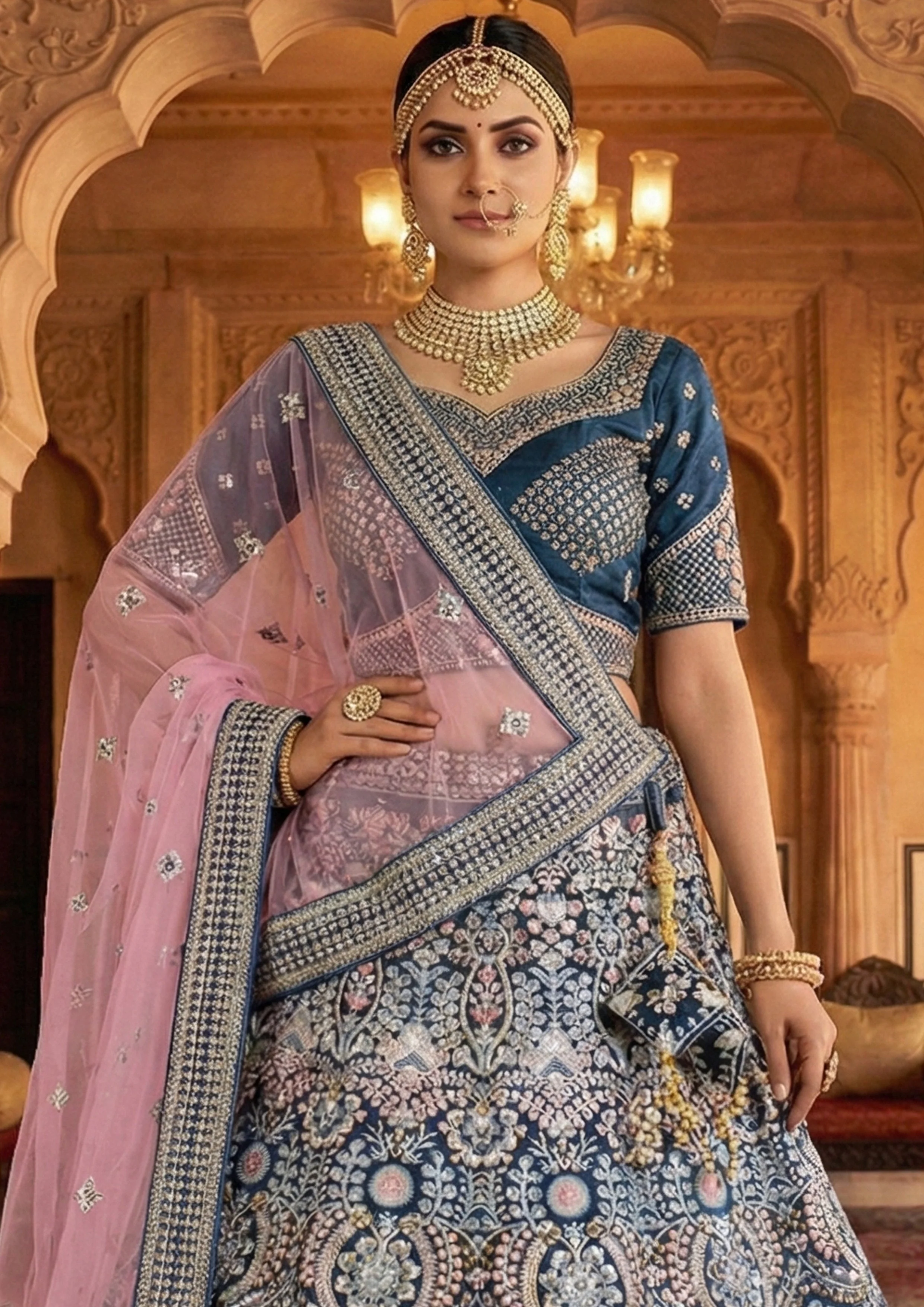 Dark Teal Embellished Premium Velvet Lehenga Set - Image 2