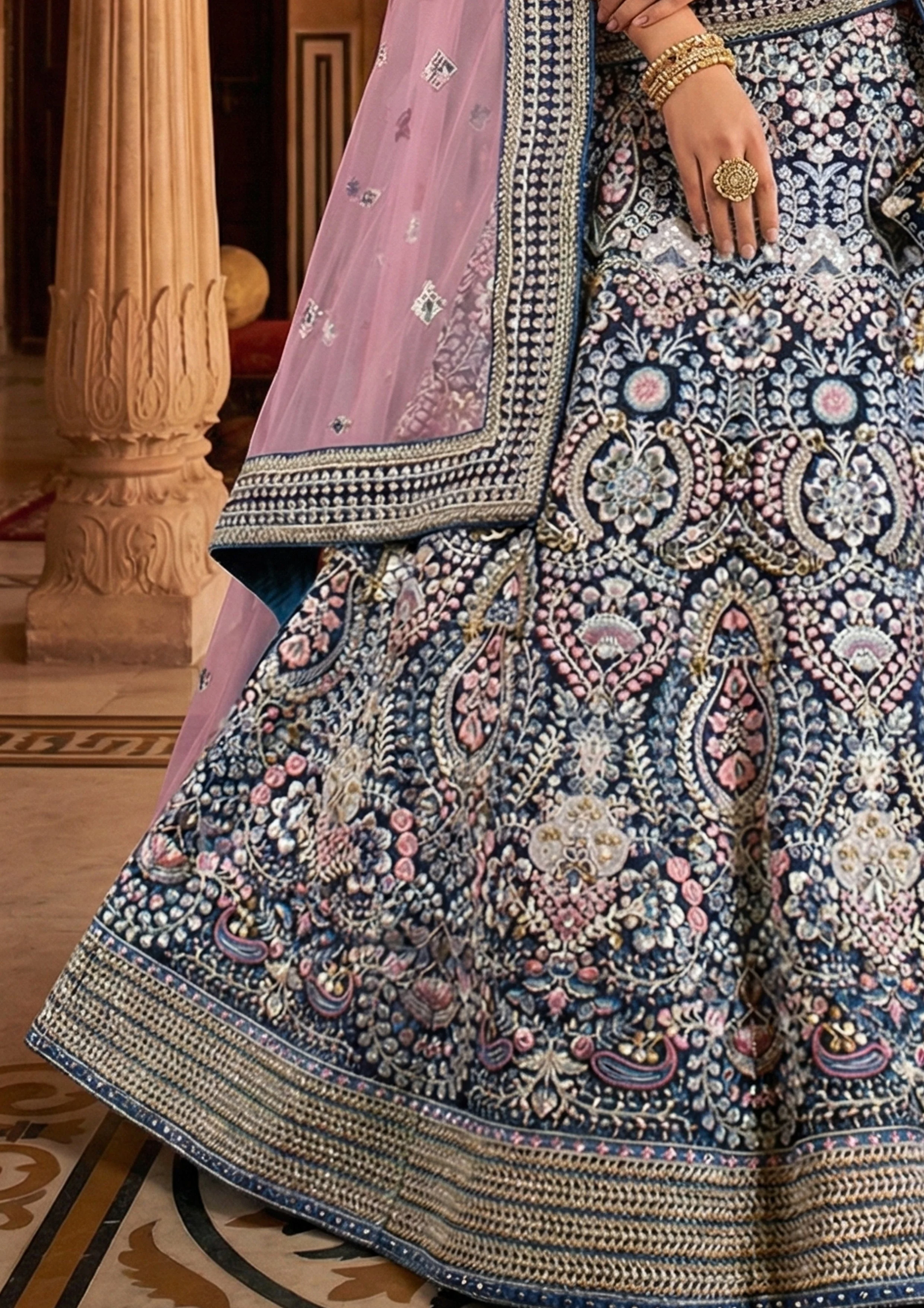 Dark Teal Embellished Premium Velvet Lehenga Set - Image 3