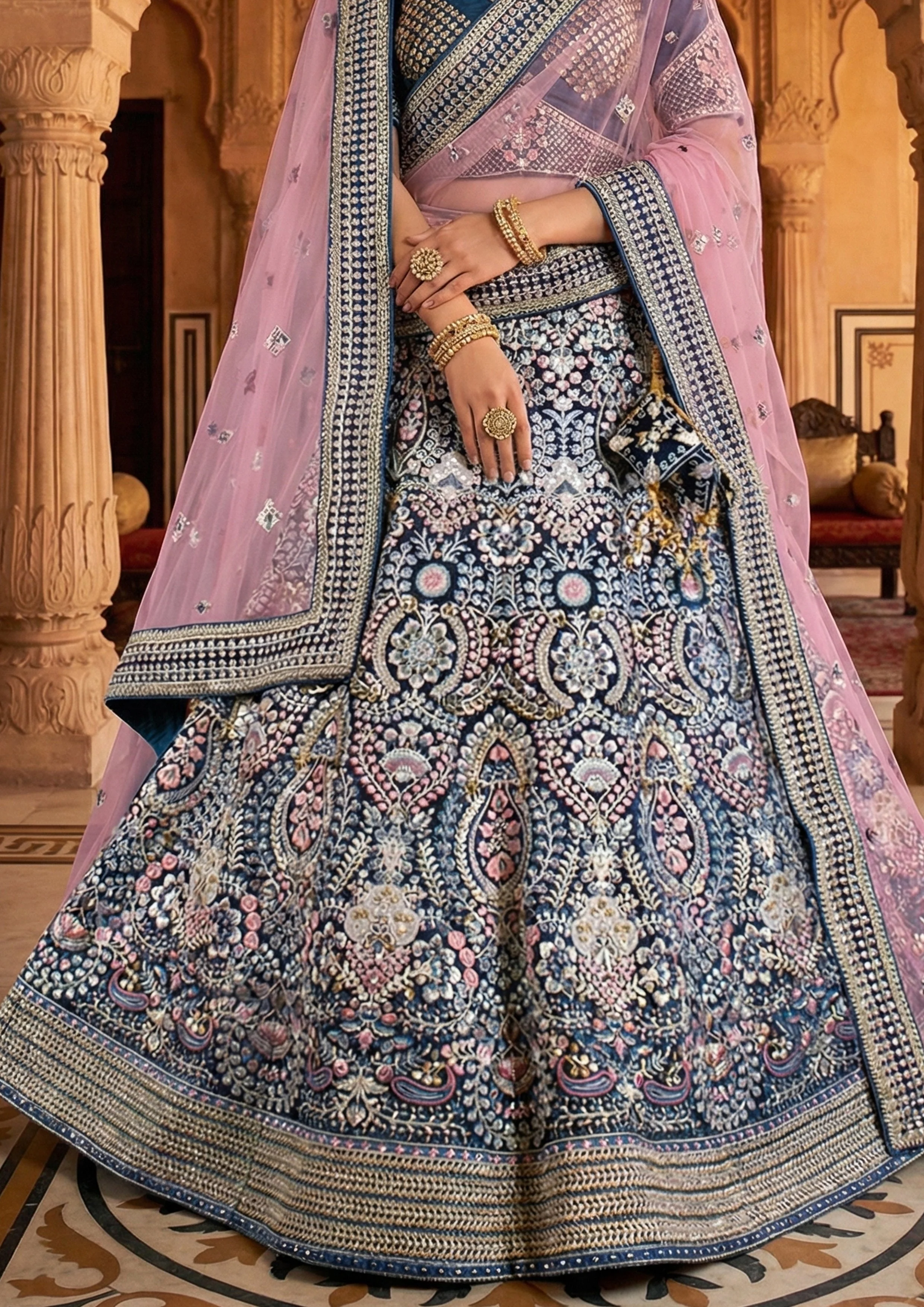 Dark Teal Embellished Premium Velvet Lehenga Set - Image 4