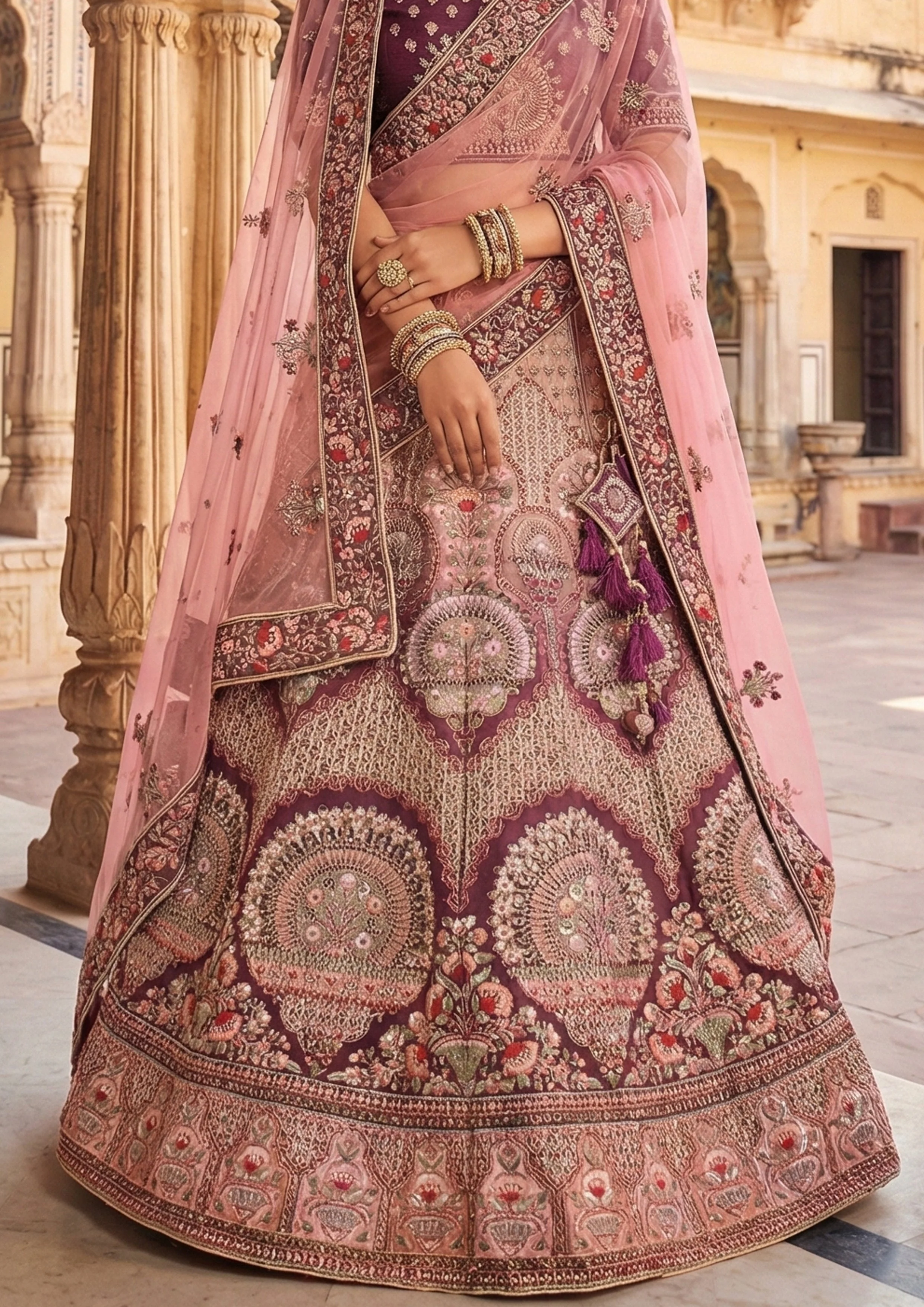 Maroon Pink Embellished Premium Velvet Lehenga Set - Image 3