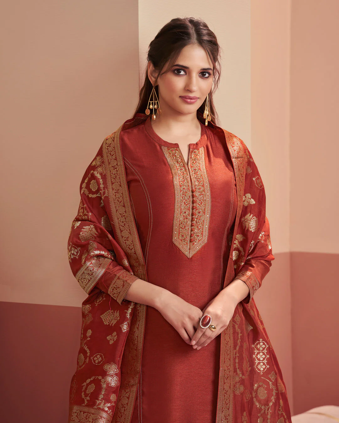 Crimson Royale Embellished Vichitra Silk Pant Set - Image 2