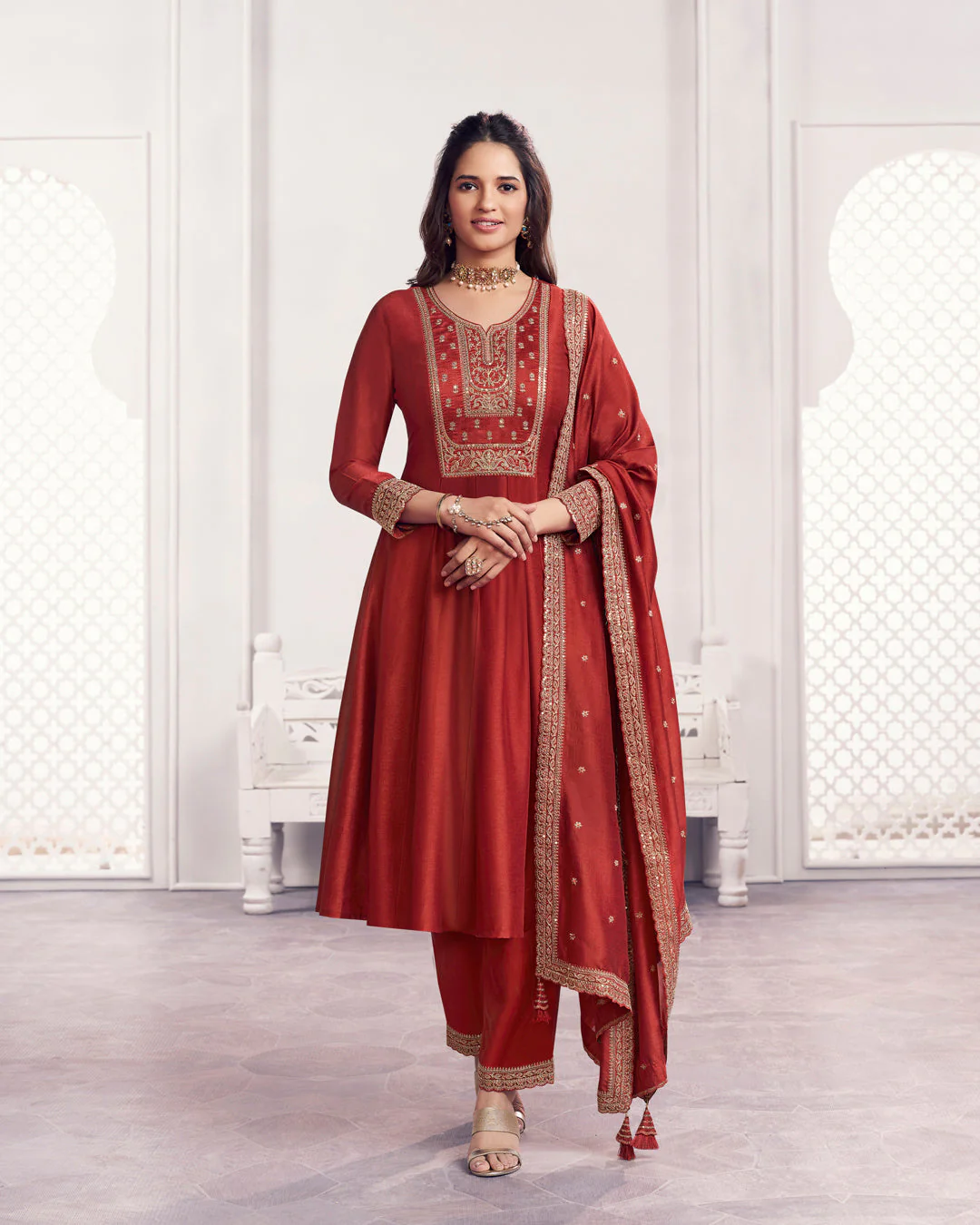 Terracotta Gilded Embellished Vichitra Silk Anarkali Set