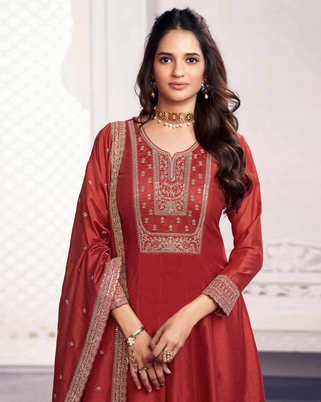 Terracotta Gilded Embellished Vichitra Silk Anarkali Set - Image 2