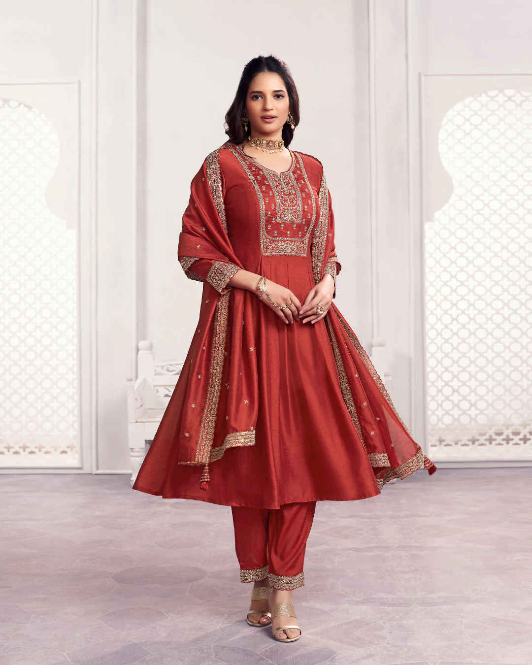 Terracotta Gilded Embellished Vichitra Silk Anarkali Set - Image 3