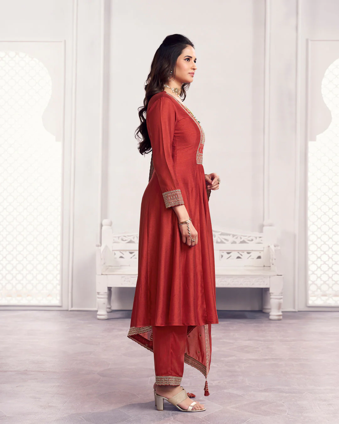 Terracotta Gilded Embellished Vichitra Silk Anarkali Set - Image 4