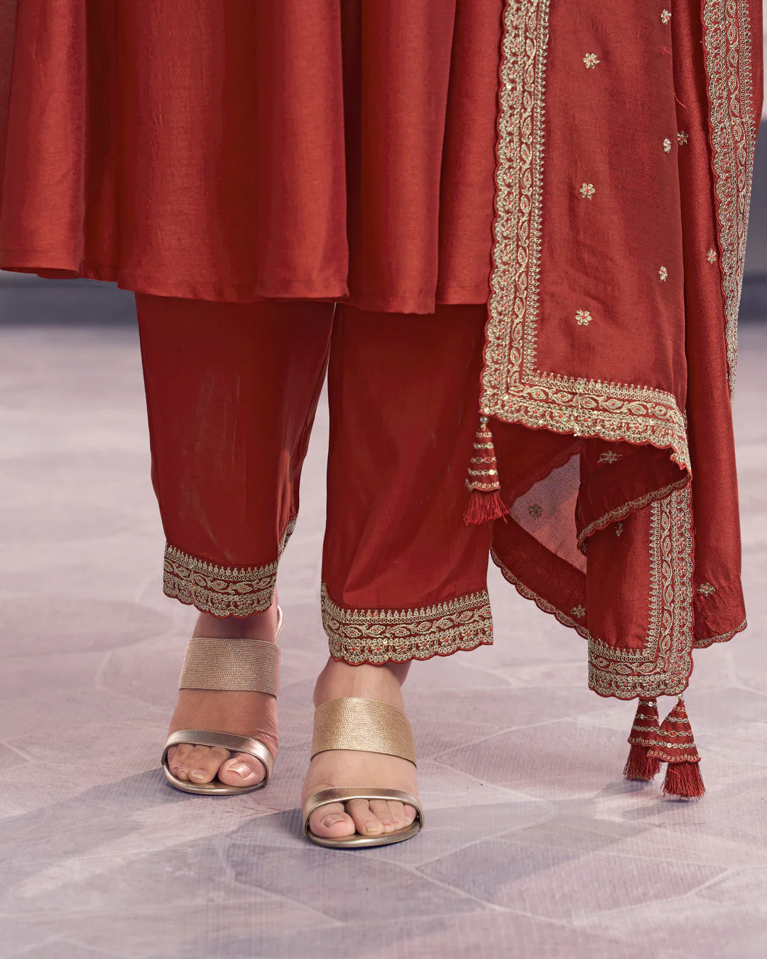 Terracotta Gilded Embellished Vichitra Silk Anarkali Set - Image 5