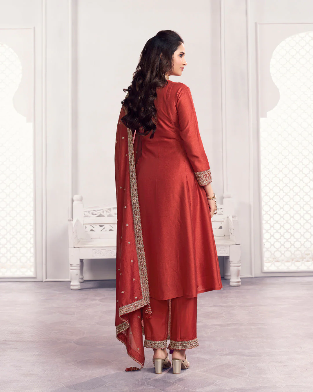 Terracotta Gilded Embellished Vichitra Silk Anarkali Set - Image 6