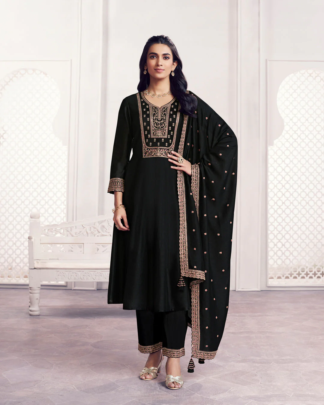 Onyx Gilded Embellished Vichitra Silk Anarkali Set