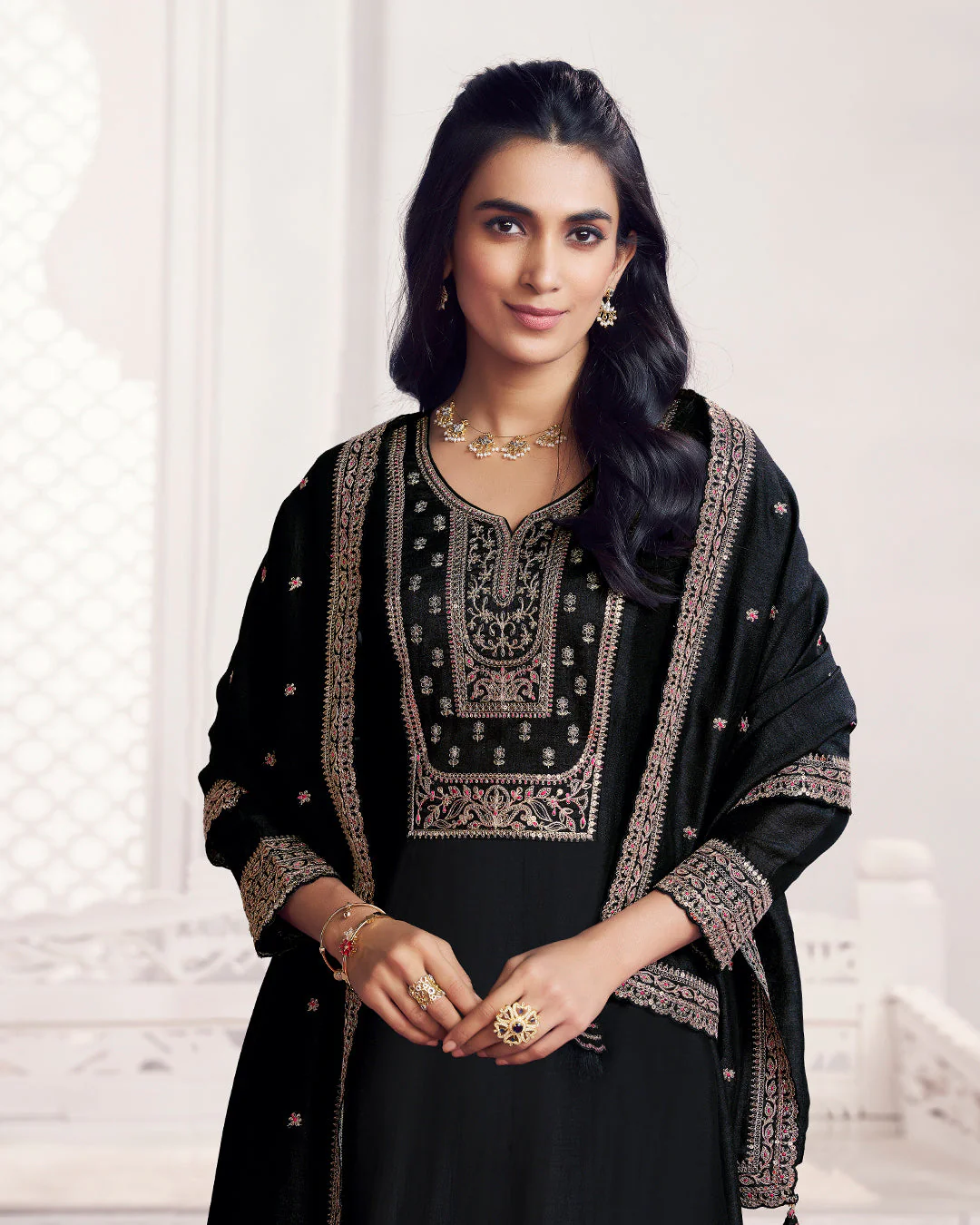 Onyx Gilded Embellished Vichitra Silk Anarkali Set - Image 2