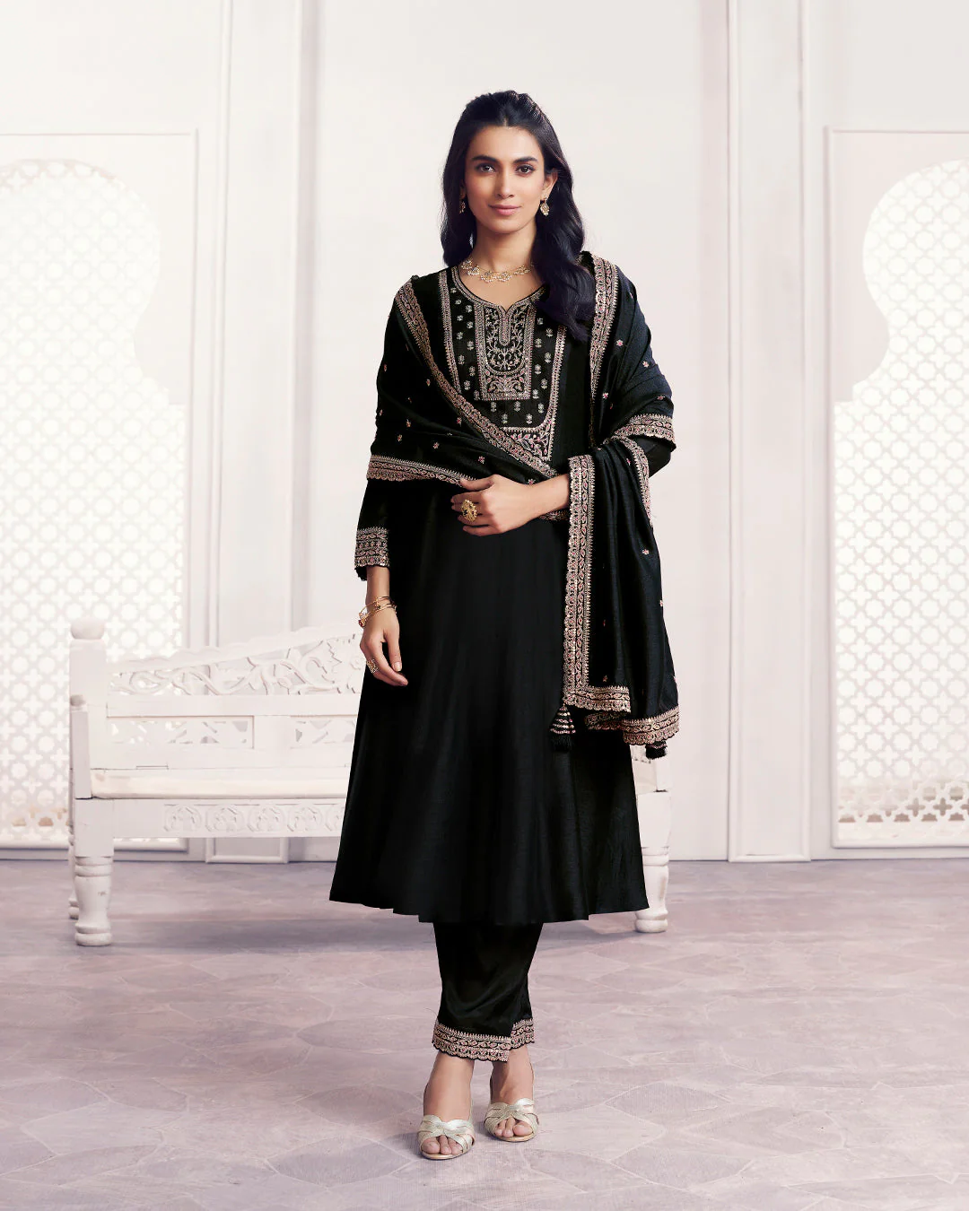 Onyx Gilded Embellished Vichitra Silk Anarkali Set - Image 3