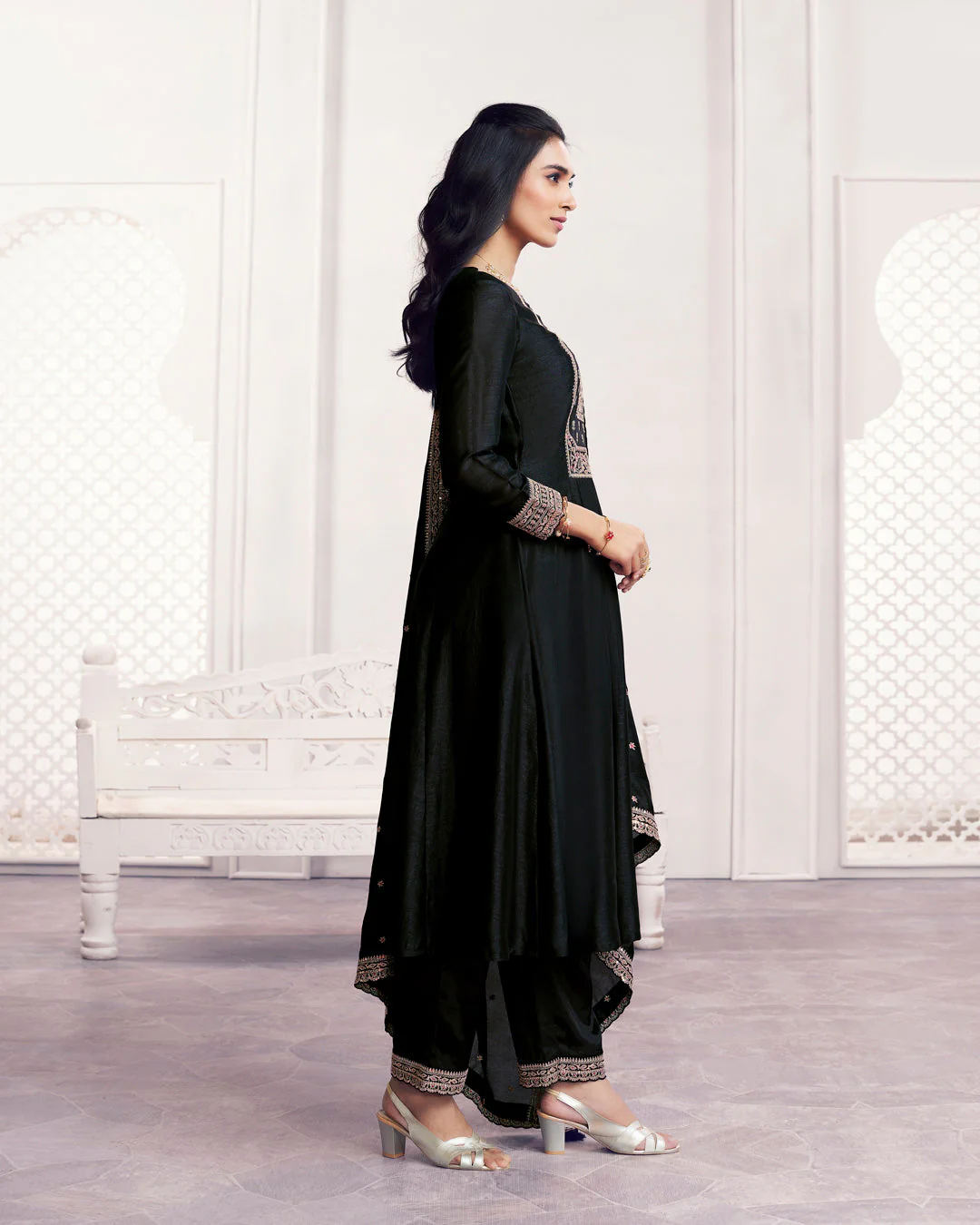 Onyx Gilded Embellished Vichitra Silk Anarkali Set - Image 4