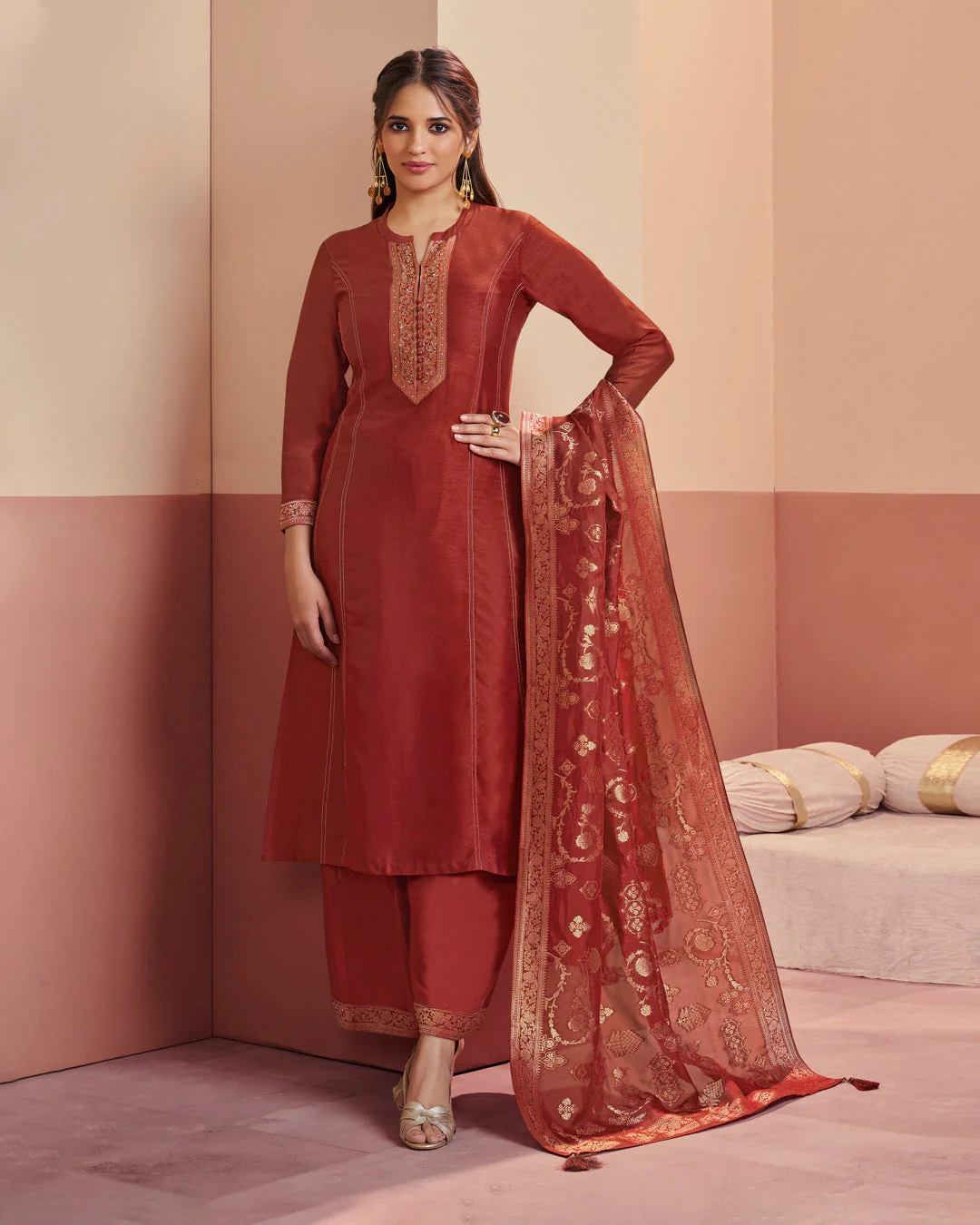Crimson Royale Embellished Vichitra Silk Pant Set - Image 4